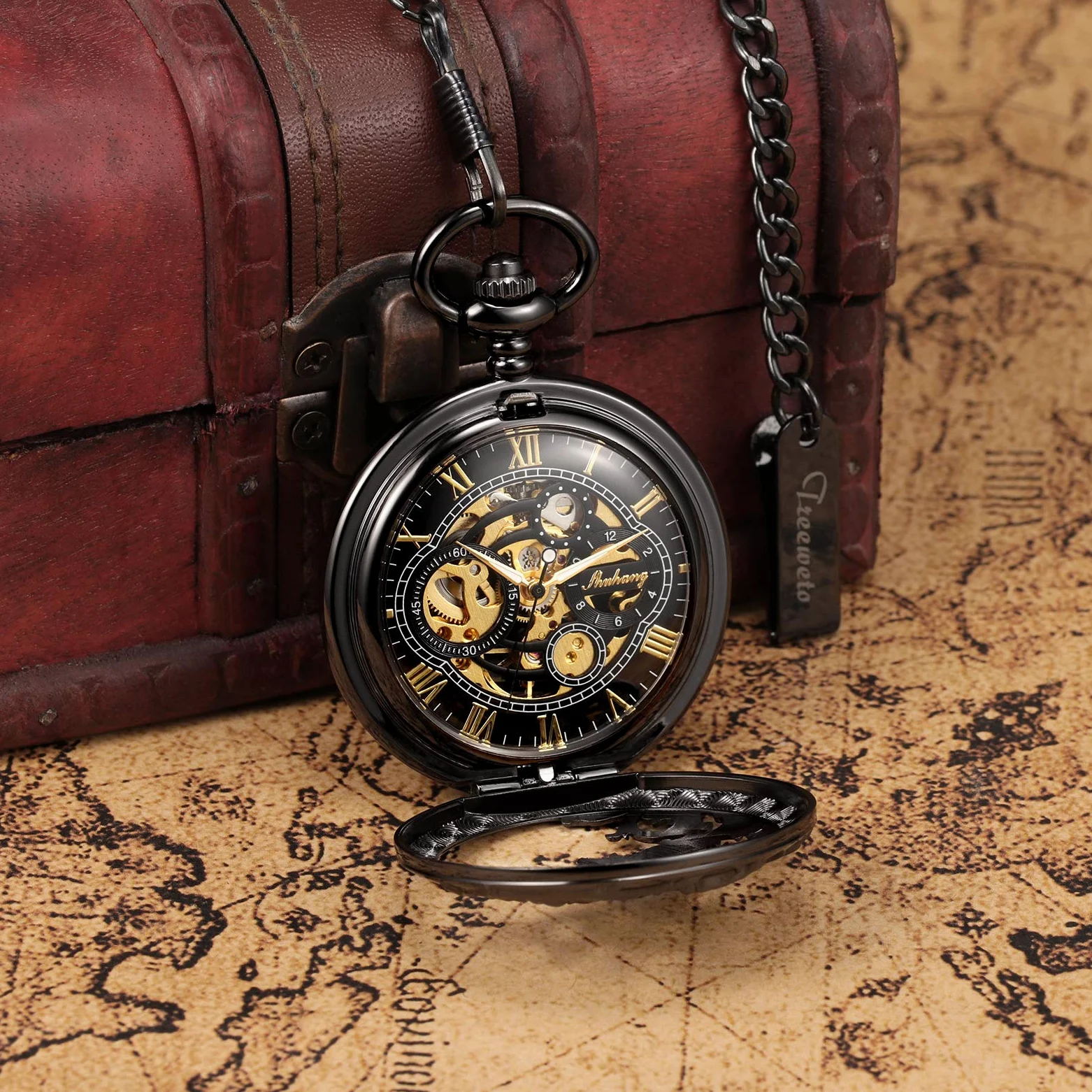Treewo Montre de Poche Unisexe avec chaîne et rehausseur à Main analogique avec Double charnière et Squelette en Bronze