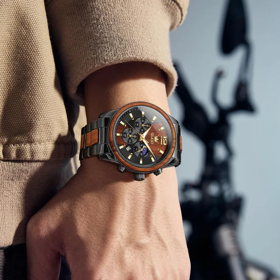 OLEVS Montre chronographe Homme à Quartz Japonais : Bracelet en Bois Massif ou Acier Inoxydable, étanche, Classique et élégante - Cadeau Parfait pour Homme