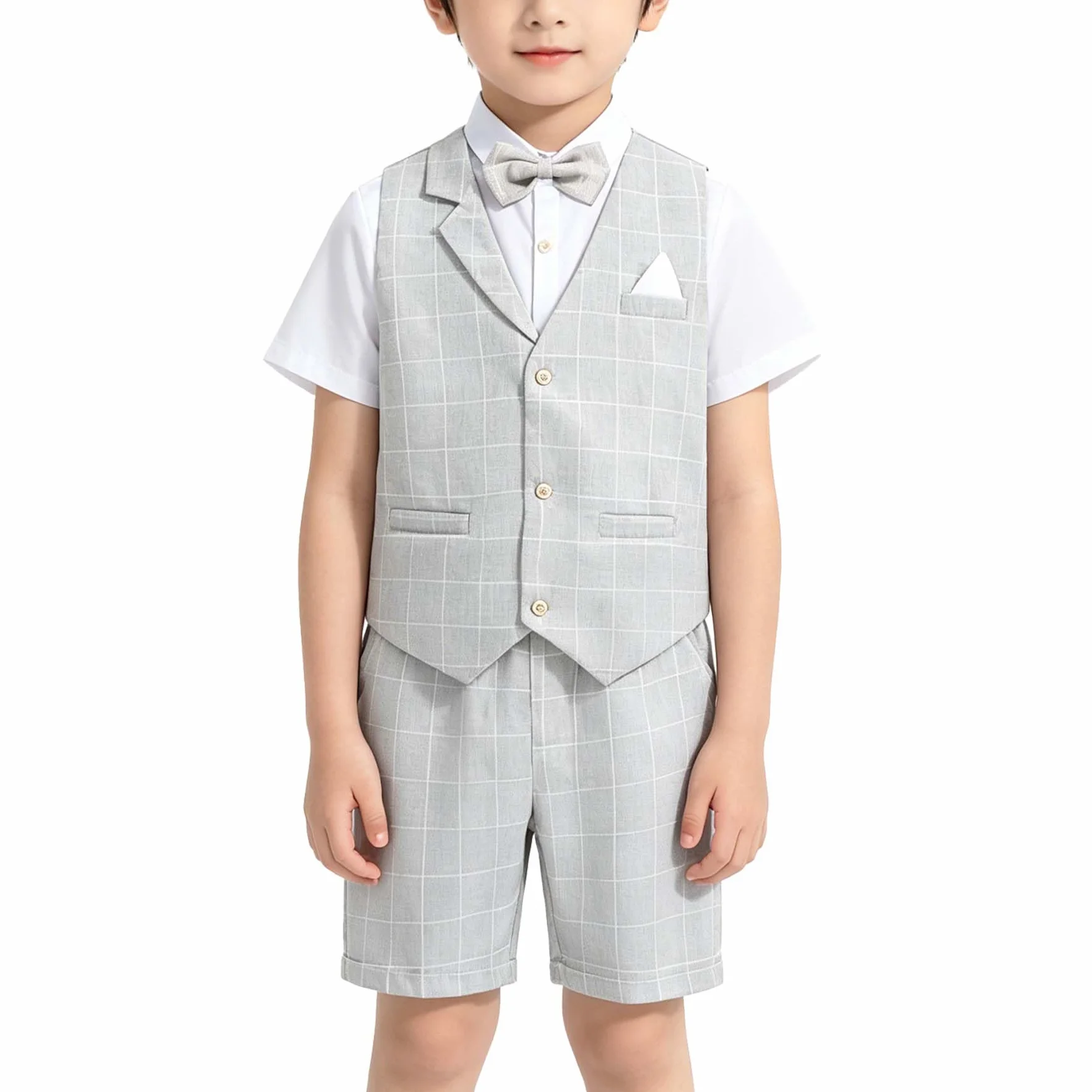 LOLANTA 4 pièces Costume Enfant Garcon Mariage Ete, Vetements Garcon Ceremonie, Ensemble Costume Short Gilet Chemise avec nœud Papillon pour 2-12 Ans