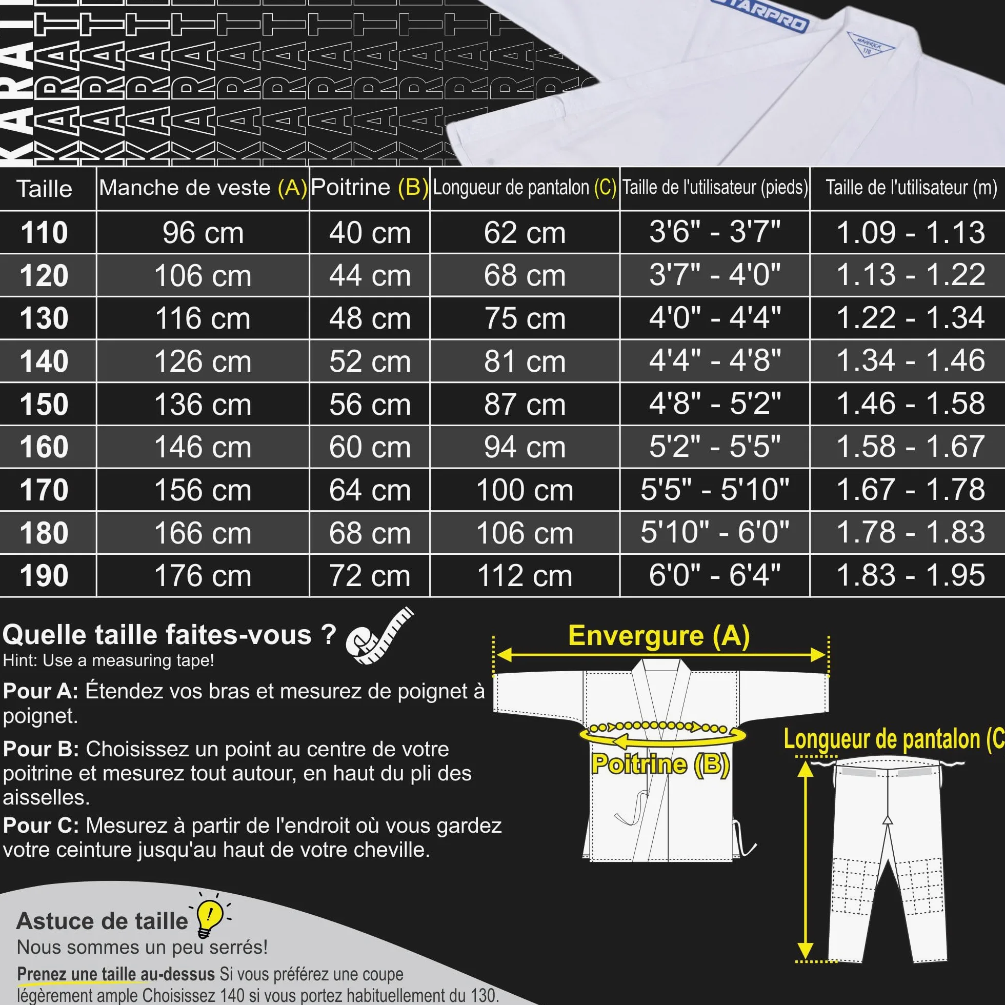 Starpro Gi Kimono de Karaté en Mélange de Coton - Uniforme Professionnel Pour Entraînement et Compétition en Arts Martiaux pour Hommes, Femmes & Enfants - 110-190 cm - Ceinture Blanche Gratuite