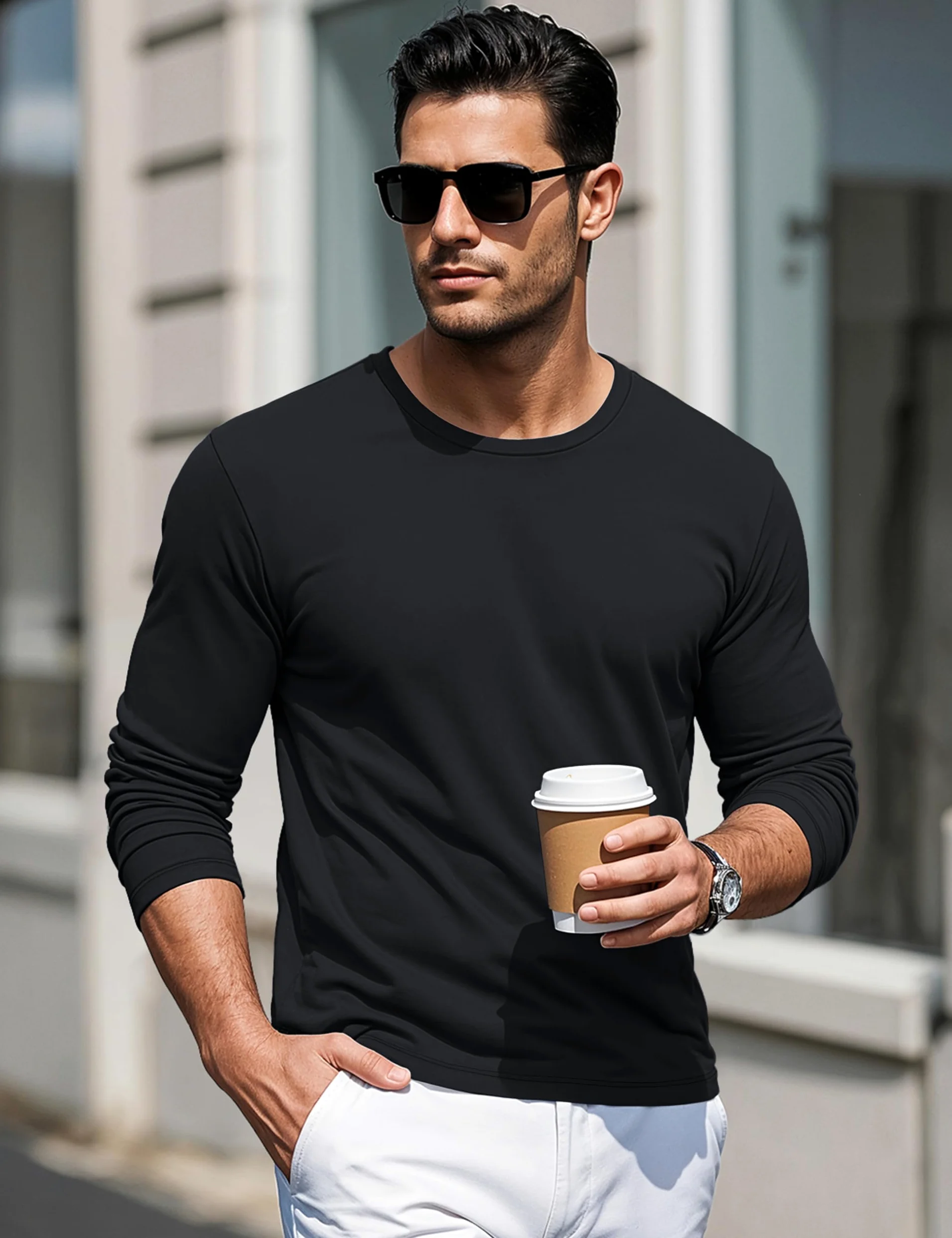 MAGCOMSEN Hommes T-Shirt à Coton Manches Longues avec Encolure Ronde Base Décontractée