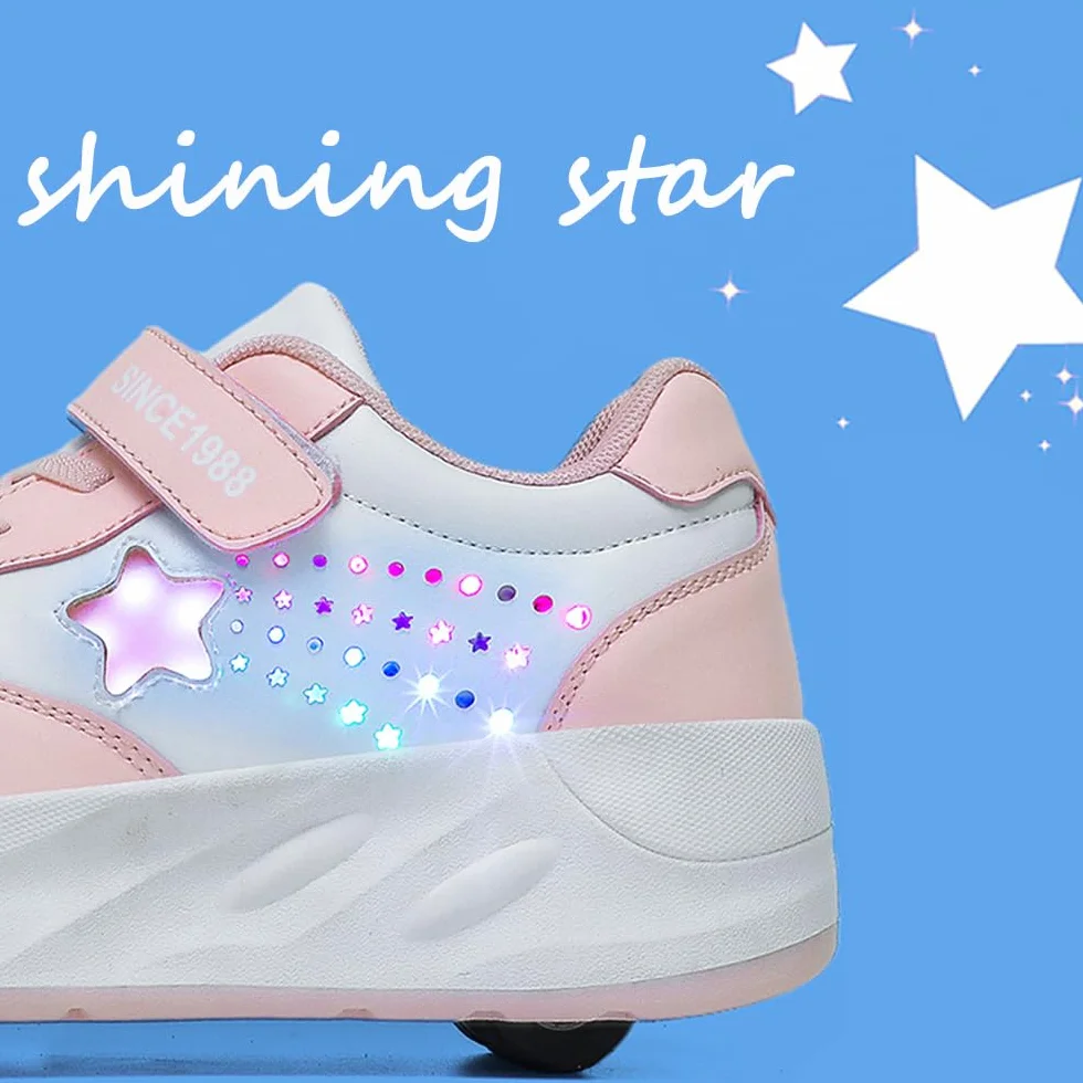 Mateju Patins Baskets Enfant Étoile Brillante 4 Roulettes Amovible Garçons Filles Chaussures de Skateboard Sport Extérieur