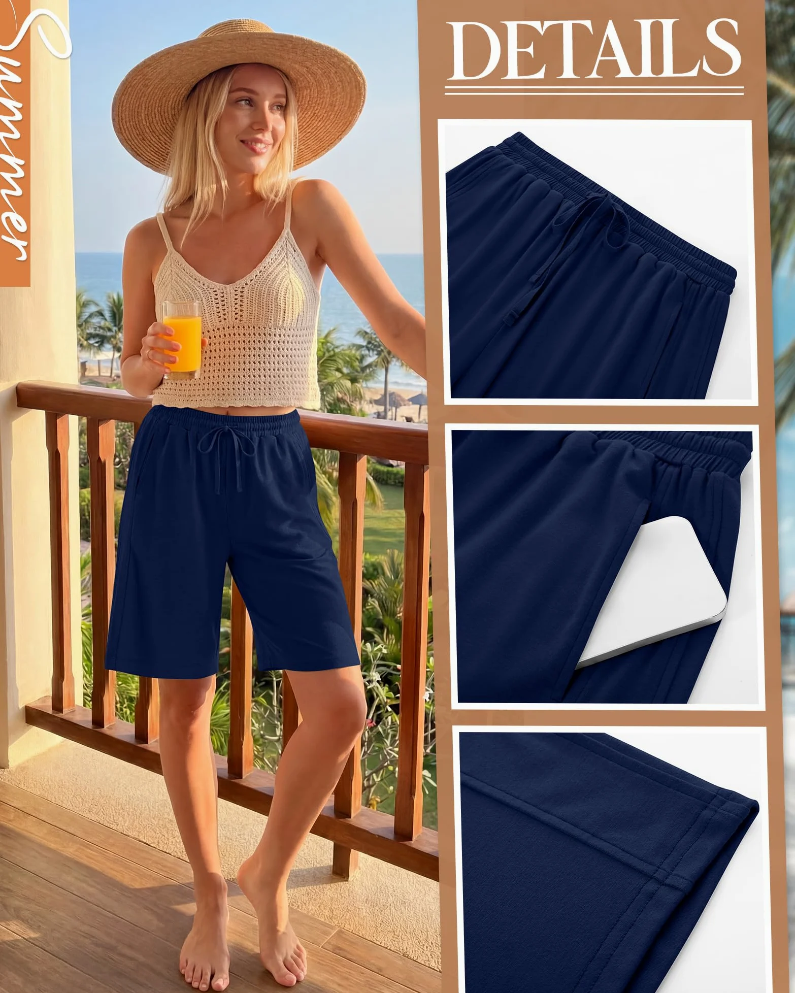 Geyoga Lot de 4 Bermudas pour Femmes, Taille Élastique avec Cordon de Serrage, Jambes Larges et Jambes Longues.