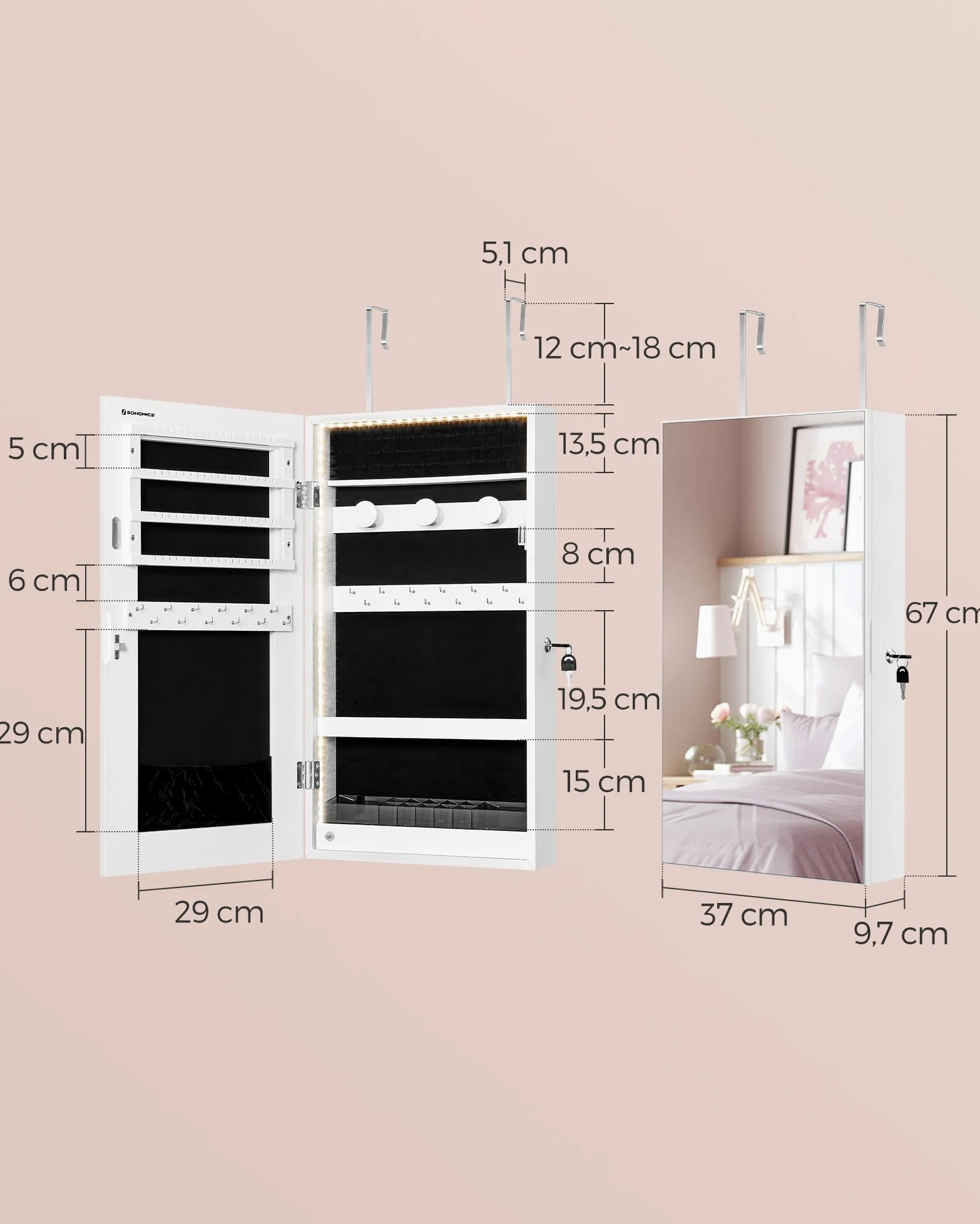SONGMICS Armoire à Bijoux Miroir avec Éclairage LED Intégré, Rangement pour Bijoux Mural ou à Suspendre sur Une Porte, Armoire Miroir Suspendue 9,7 x 37 x 67 cm, Blanc JJC050W01