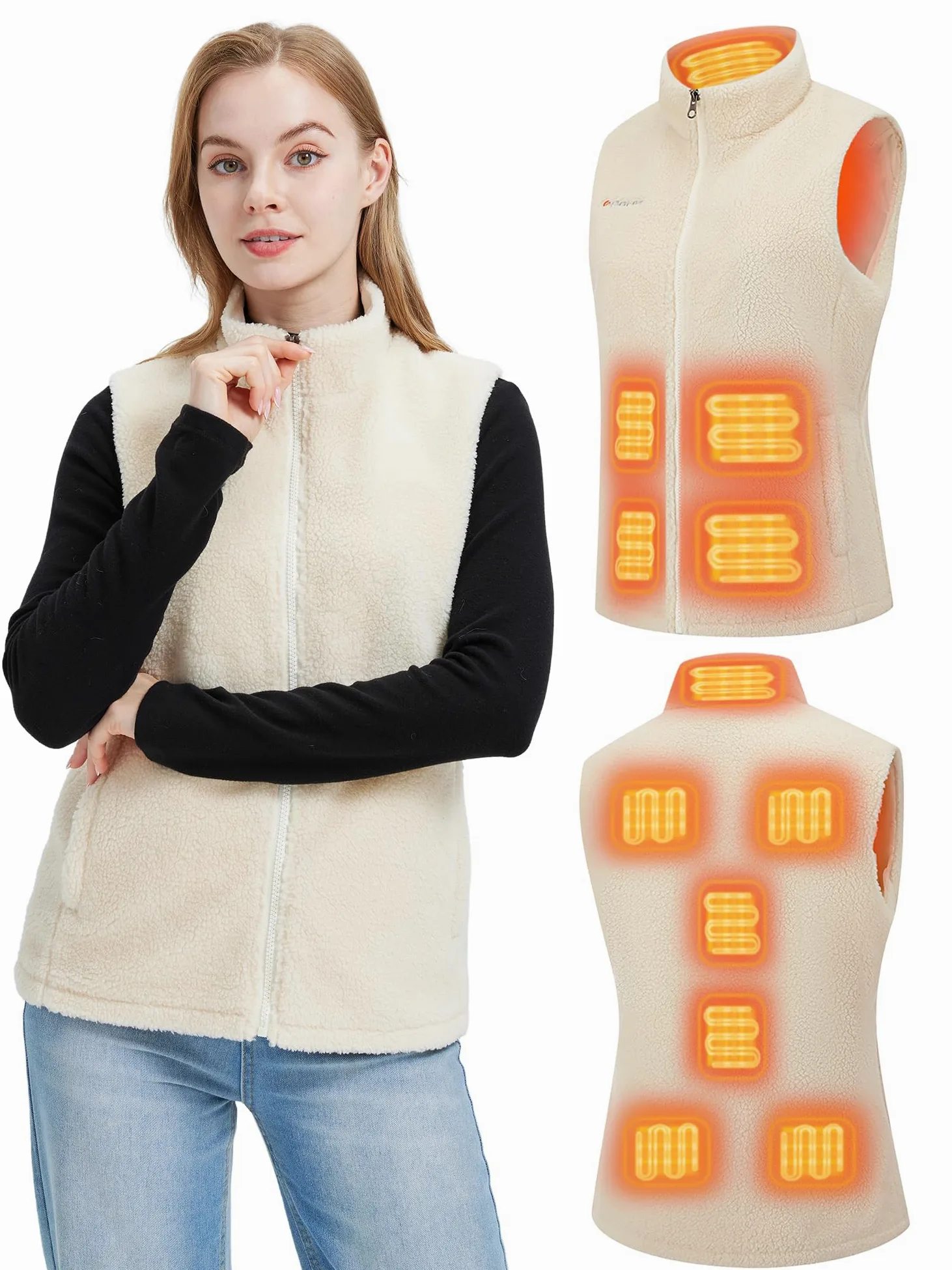 Gokozy Gilet Chauffant Électrique avec 7.4V Batterie ，Fleece Sherpa gilet chauffant femme 11 zones veste chauffante pour les Sports de Plein Air