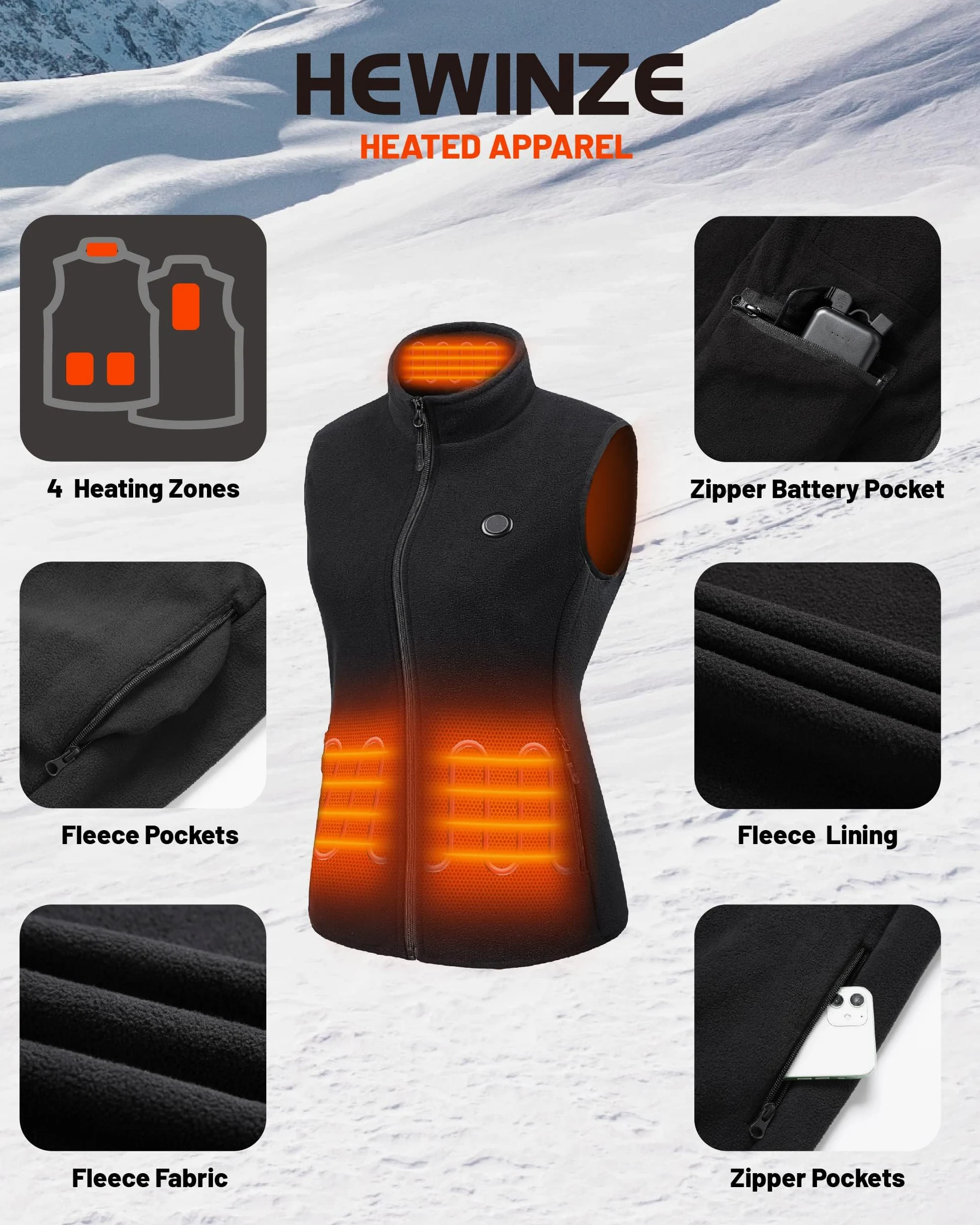 HEWINZE Polaire Gilet chauffant Femmes avec batterie incluse, veste chauffage usb, utilisée pour le ski, le camping, la pêche sur glace et d'autres activités de plein air.