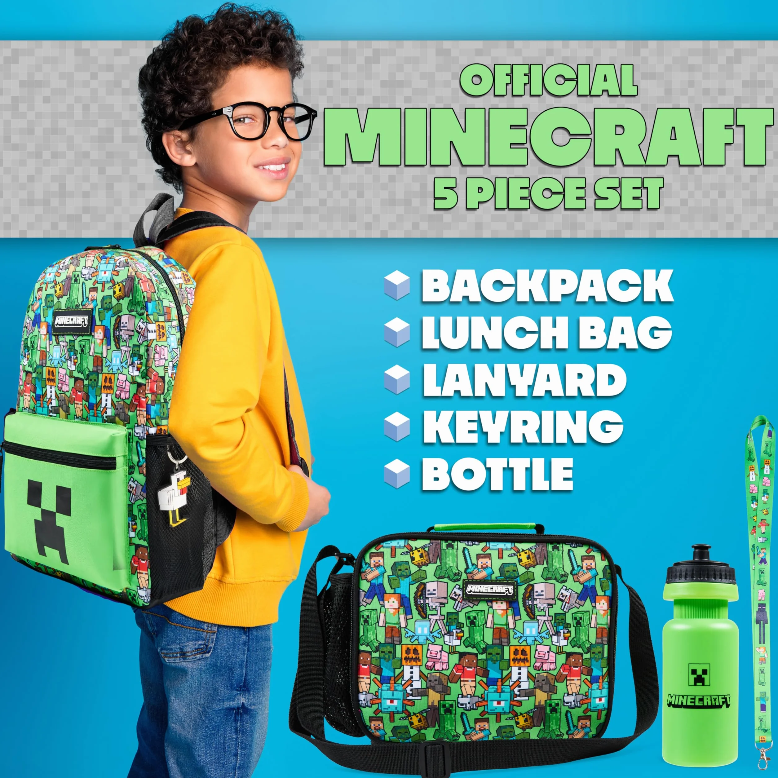 Minecraft Sac à Dos Enfant 5 Pièces Bouteille d'eau Sac Repas Isotherme Kawaii Trousse Sac à Cordon ou Lanière et Porte Clés (Vert AOP)