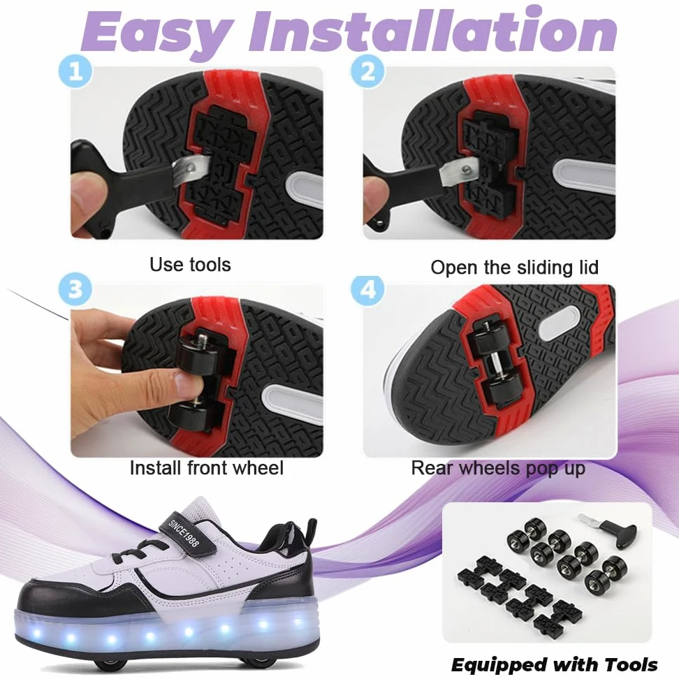 Mateju Enfants Chaussures à roulettes Filles Garçons Chaussures de Skateboard 4 Roues Réglables, Basket Patins à roulettes, Qui Brille Multifonctions Extérieur Chaussures de Sport