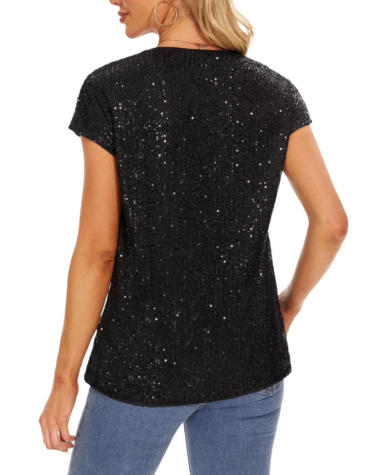MINTLIMIT Haut pour femme à paillettes et à glissière, manches courtes, col en V, T-shirt, blouse, manches à capuchon, décontracté, fête, festival, club, b-noir, S