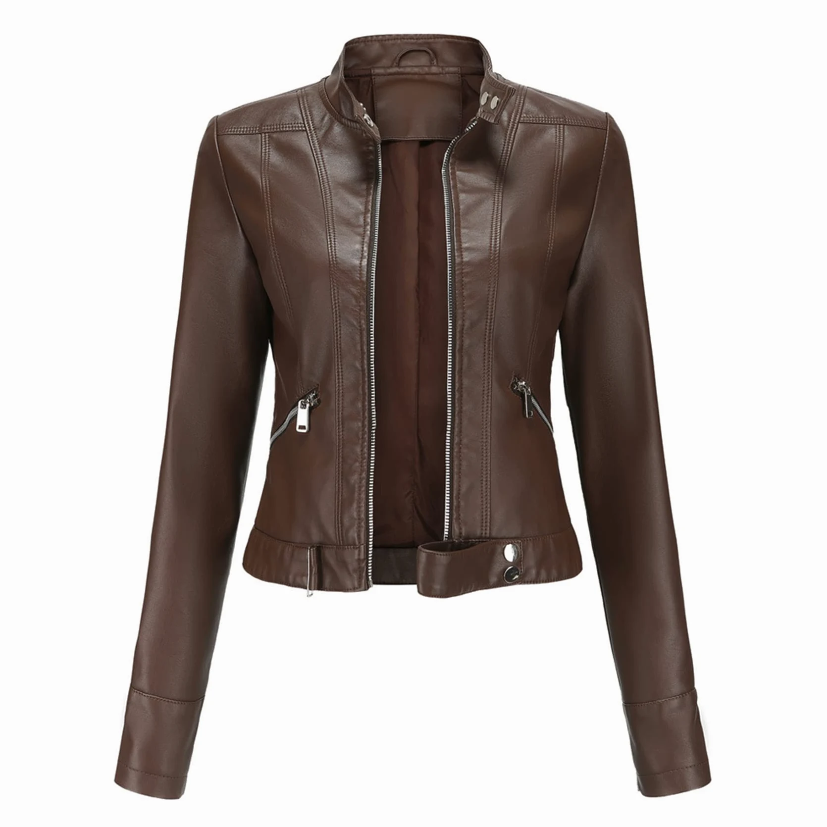 Veste Courte en Cuir pour Femmes, Printemps Et Automne, Veste à Col Montant, Taille EuropéEnne