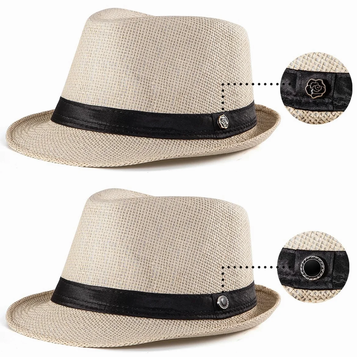 LADYBRO Chapeaux Fedora de paille XL pour homme, été, trilby, plage, voyage, Panama, décontracté, 7 1/2
