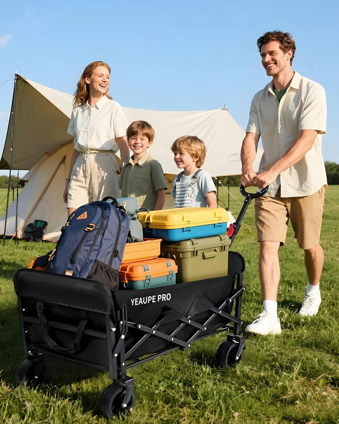 YEAUPE PRO Chariot de Plage Pliable Capacité Max. 125L 100KG, Chariot de Transport à roulettes Tout Terrain Poignée Réglable Charrette pour Extérieur Camping Pique, avec Poche intérieure
