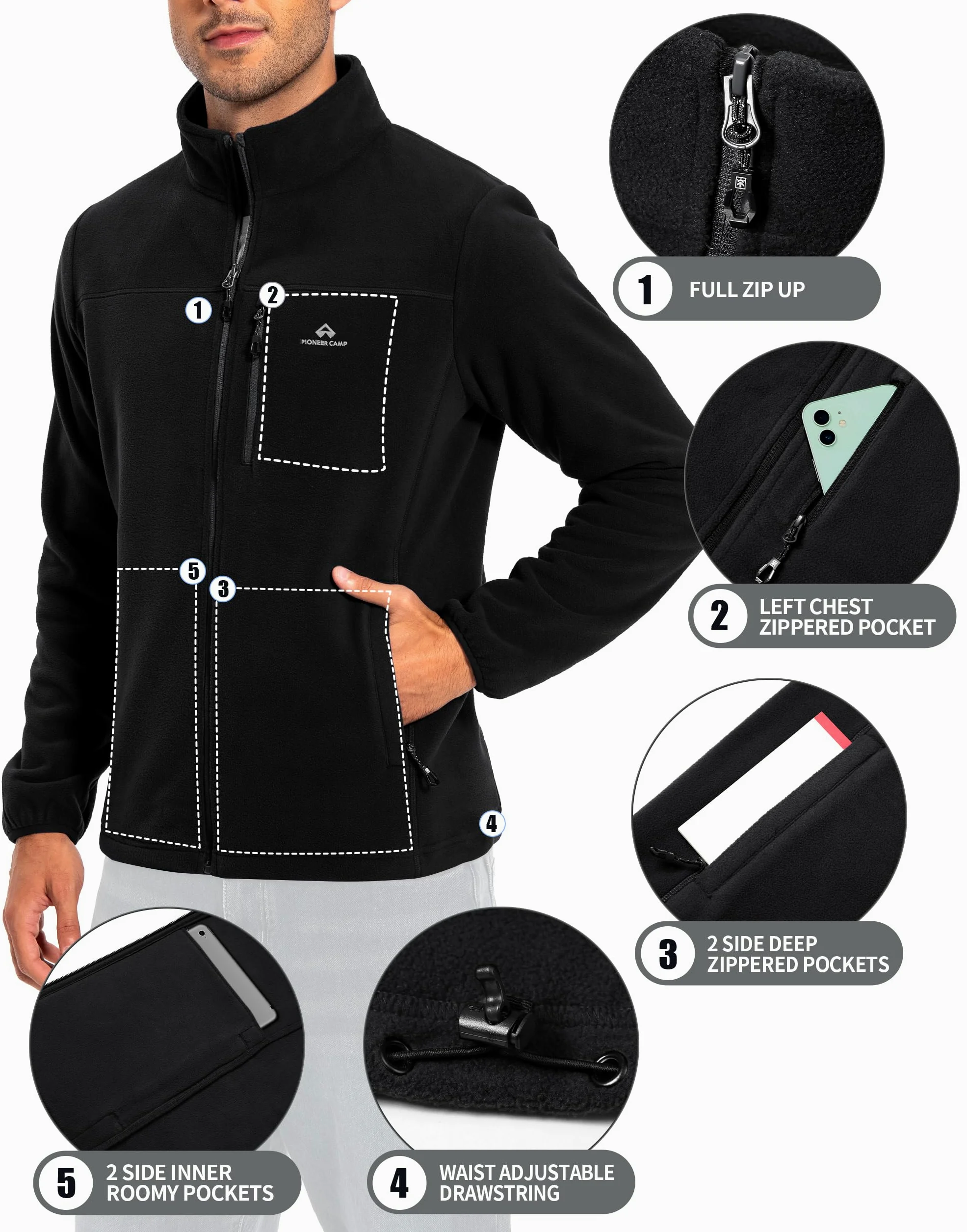 Pioneer Camp Veste polaire pour homme - Fermeture éclair intégrale - Légère, coupe-vent - Avec fermeture éclair