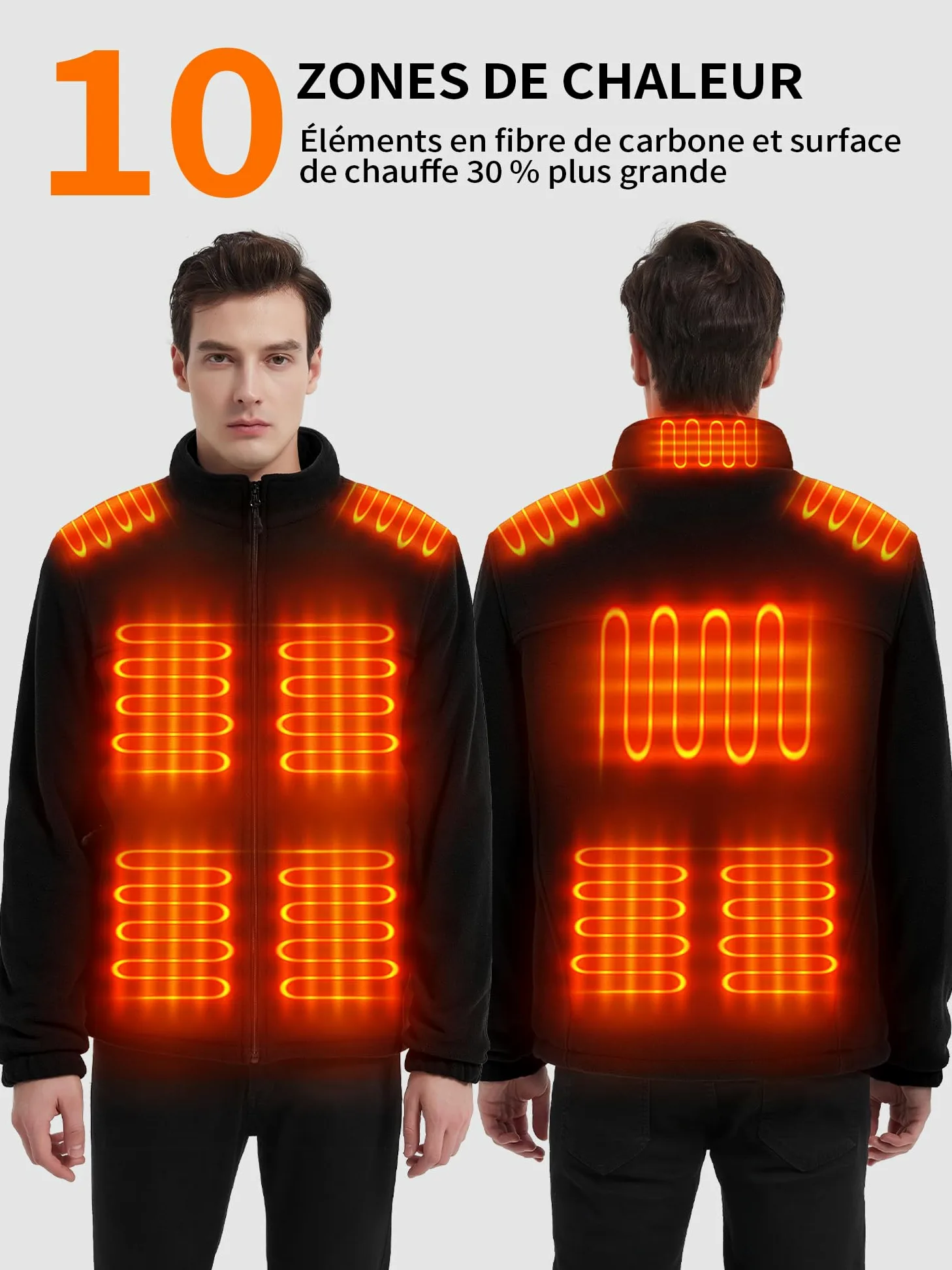 Veste Polaire Chauffante Homme avec Batterie 18400 mAh, Blouson Manteau Chauffant Homme Femme avec Batterie Incluse, Gilet Vêtement Chauffant Manche Longue, 10 Zones de Chauffage