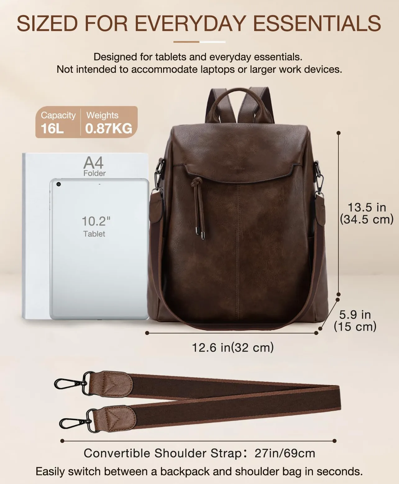 VX VONXURY Sac a Dos Femme en Cuir PU Sac a Dos Antivol avec Poche Arrière Sacs à Dos loisir pour Travail, Scolaire, Voyage
