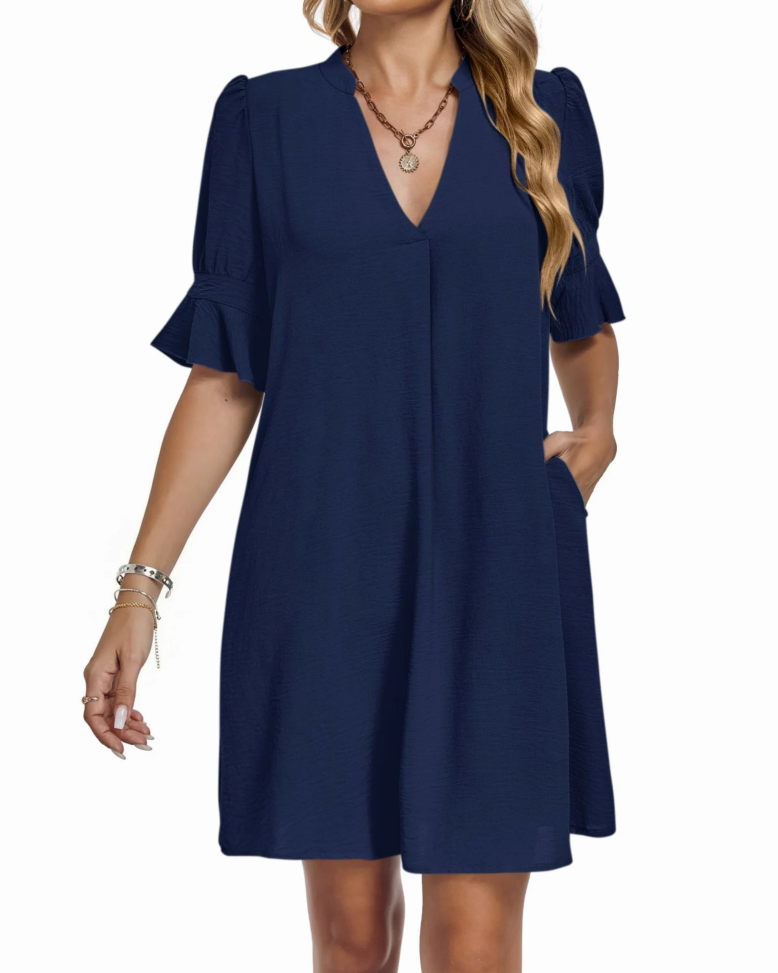 AUSELILY Robe Femme Chic et Elegant décontractée Robe Chemise à Manches Courtes et col en V Ample Robes Femme ete avec Poches