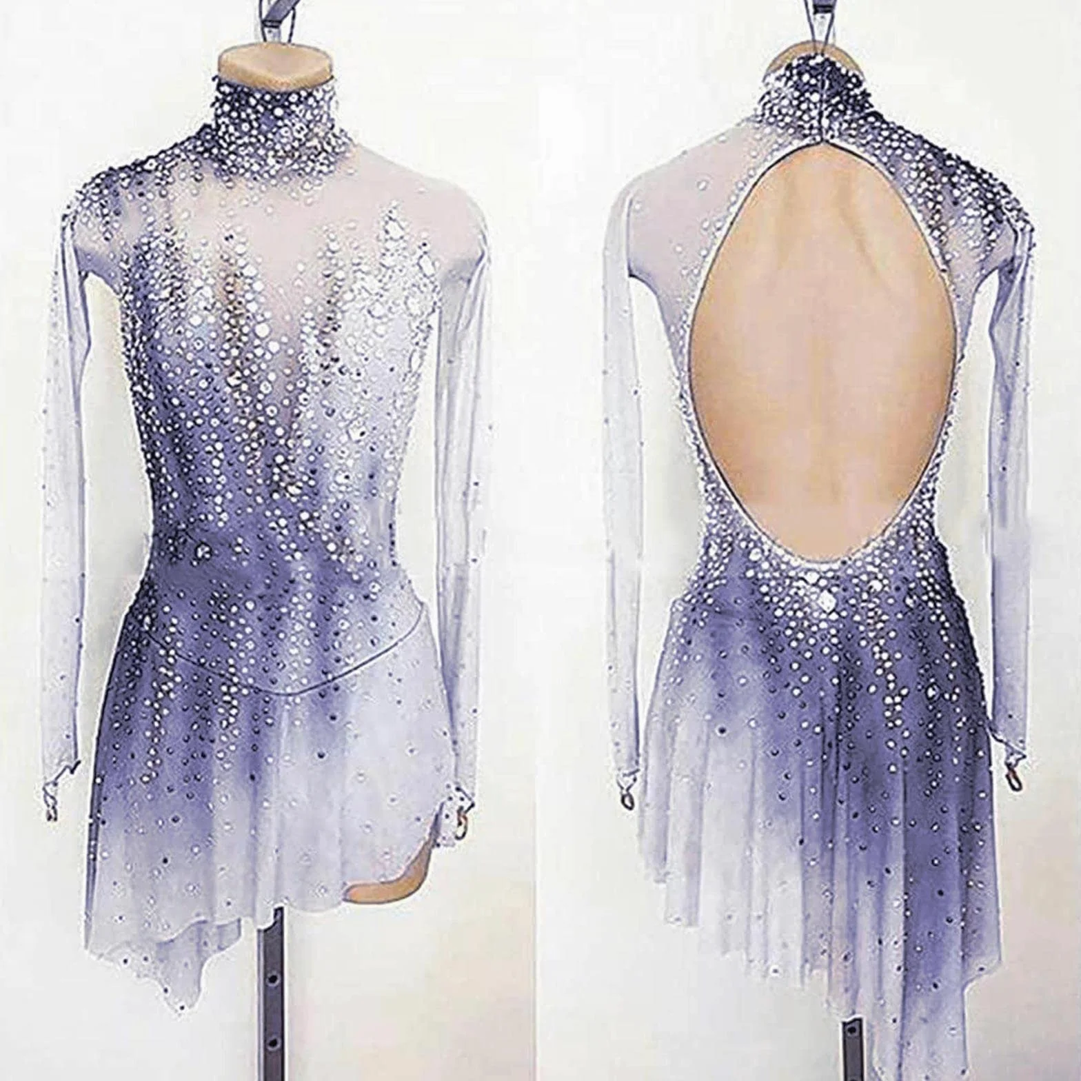 ZEDDG Robe de Patinage Artistique Fille Justaucorps de Gymnastique Femmes Gymnastique Robe de Ballet Danse Latine Valse Compétition Tunique Jumpsuit,Blue Purple-S