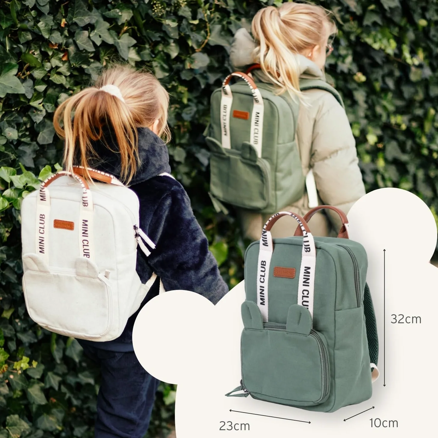 CHILDHOME, Sac a Dos, Bebe, Sac à dos Enfant, Cartable maternelle, Pochette isotherme, Compartiment boite à repas, Solide, Matière Coton, My First Bag, 7L, Mini Club, Signature, Vert