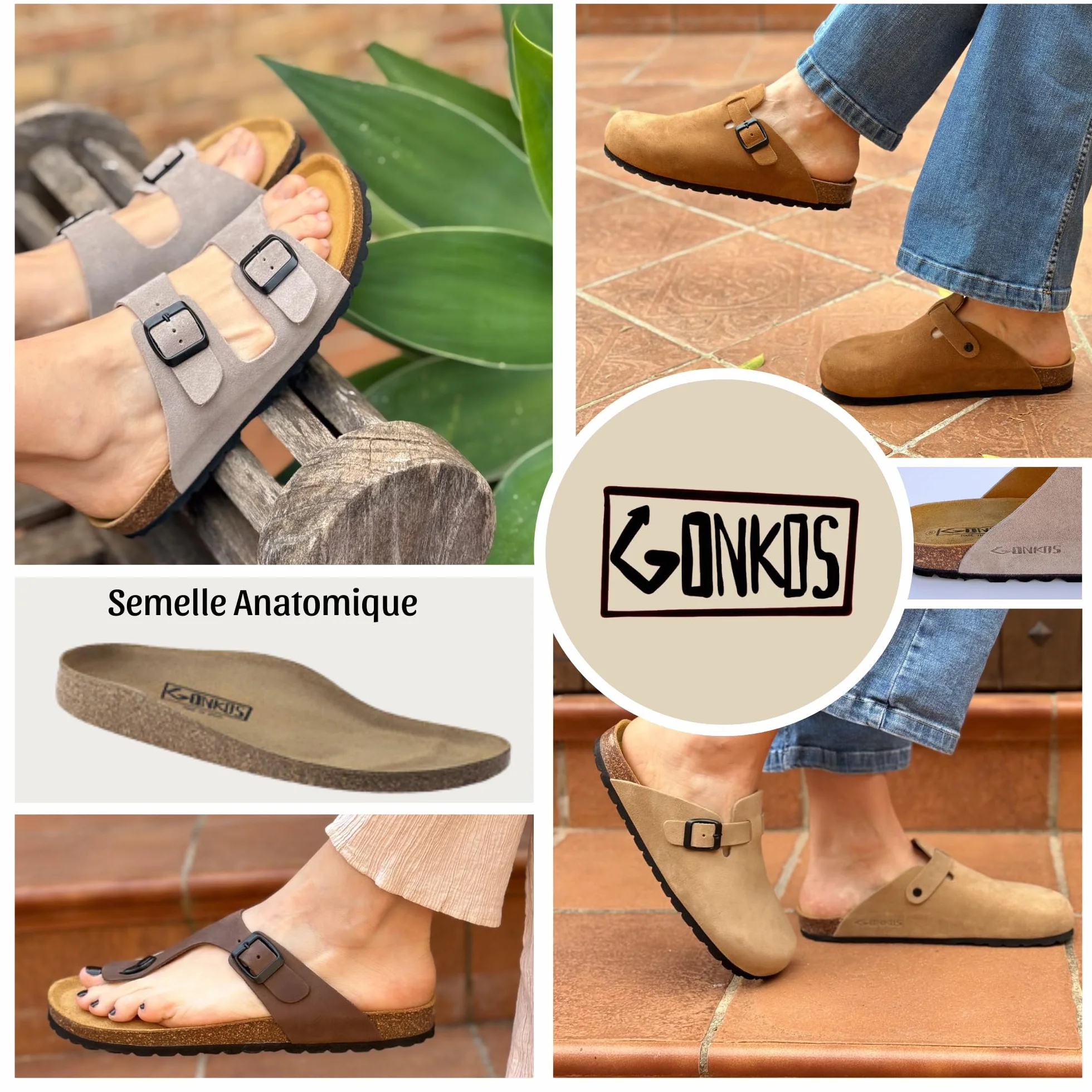 Sandales en Cuir avec Semelle en Liège, Mules Femme Cuir Véritable, Liège Naturel, Boucle Réglable, Semelle EVA Antidérapante, Sandales de Qualité Fabriquées en Espagne