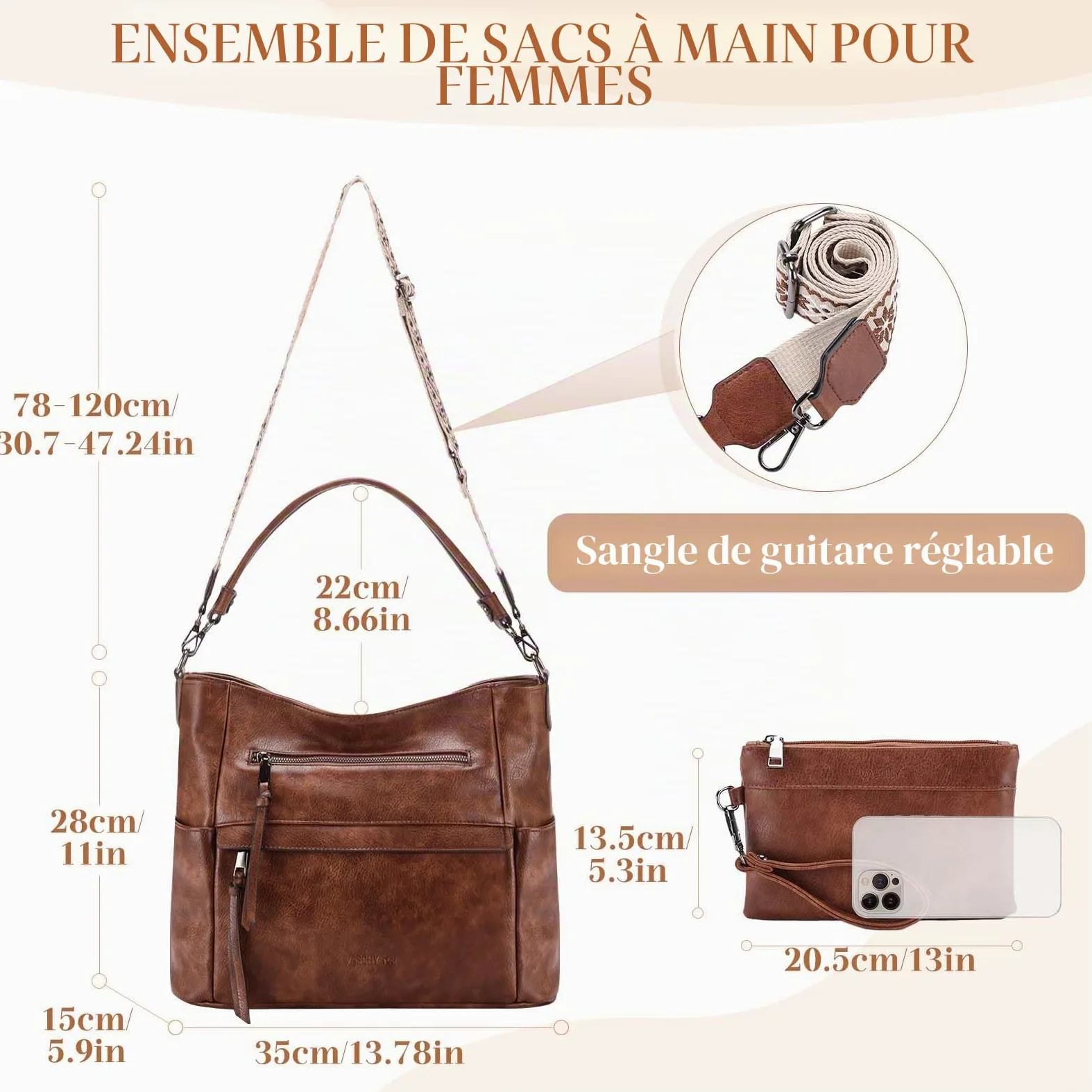 VASCHY Sac à Main Hobo Femme, Sac Bandoulière Femme Cuir PU Grande - Sacs à Main Portés Épaule/Portés Main avec Portefeuille pour Shopping, Travail et Voyage
