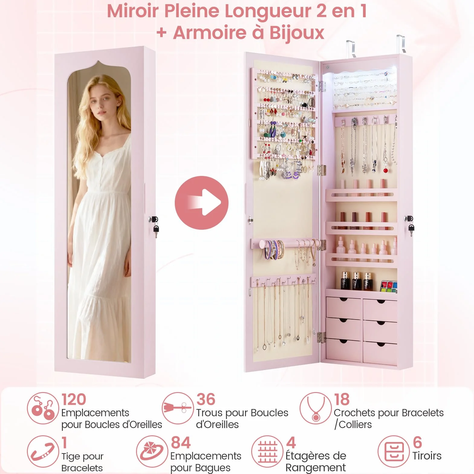 RELAX4LIFE Armoire à Bijoux Murale avec Miroir, 5 Lumières Automatiques, Miroir Rangement Bijoux avec 6 Tiroirs pour Boucles d'Oreilles Colliers Cosmétiques (Rose | Tiroir en MDF)