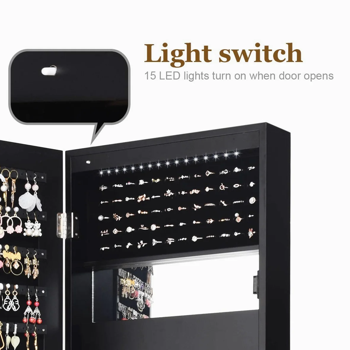 GOPLUS 2 en 1 Armoire à Bijoux avec Miroir, Organisateur de Bijoux Mural avec Lumières LED Automatiques, Armoire de Rangement Cosmétiques Verrouillable pour Chambre, Vestiaire (Noir)
