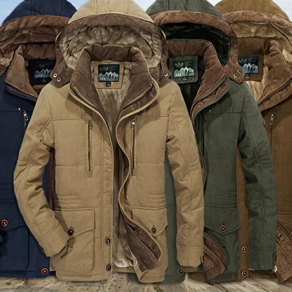 Veste coupe-vent à capuche pour hommes, grande taille 5XL 6XL, vêtements d'extérieur, grande taille, coton épais, polaire, manteau chaud coupe-vent, kaki, XL