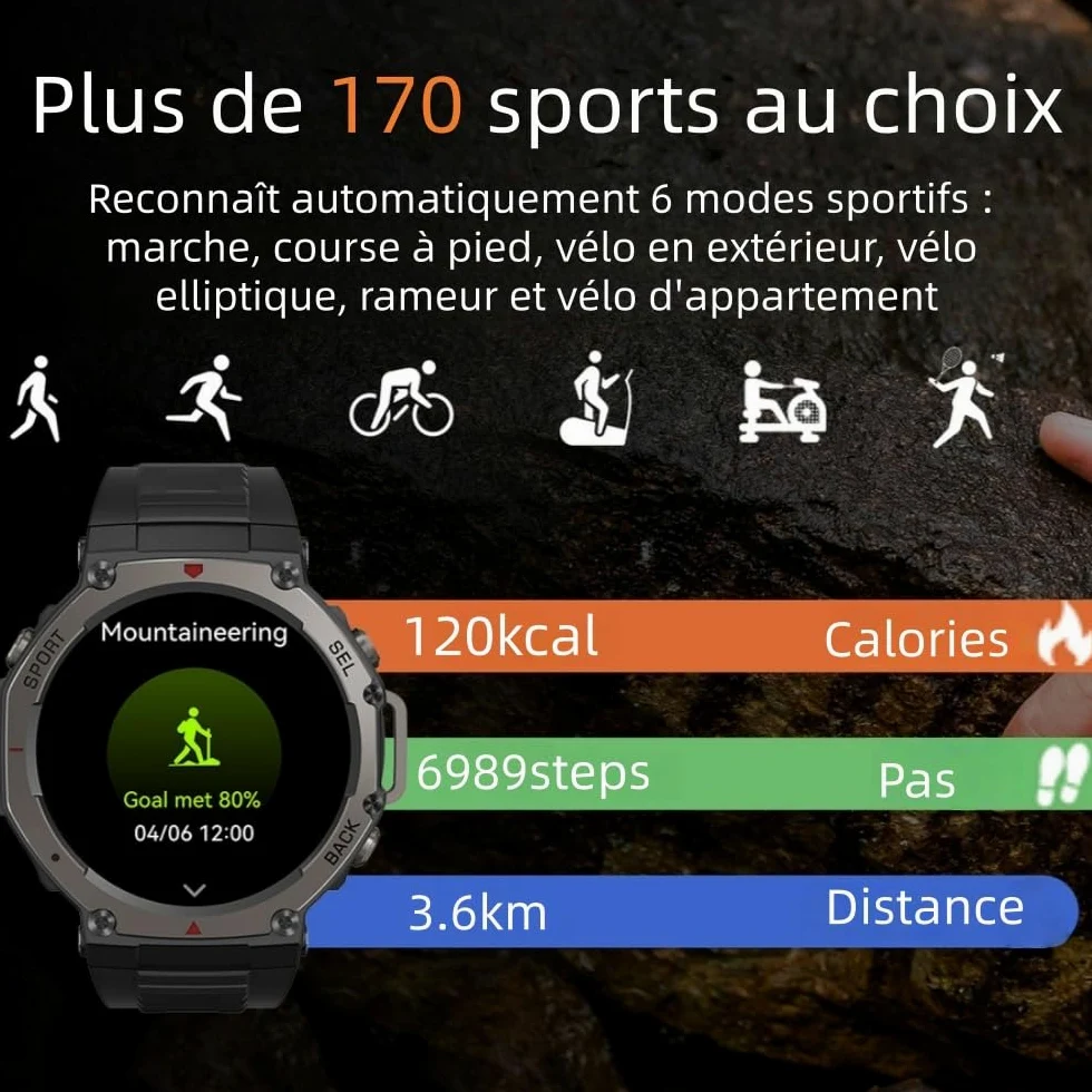 MEIION Mivrass GPS Sports Smartwatch Homme Femme 1.43" Écran Tacile - Appel Bluetooth, Cardiofréquence, Analyse Sommeil, 170+ Modes Sport, Sangle Silicone Souple et Résistante