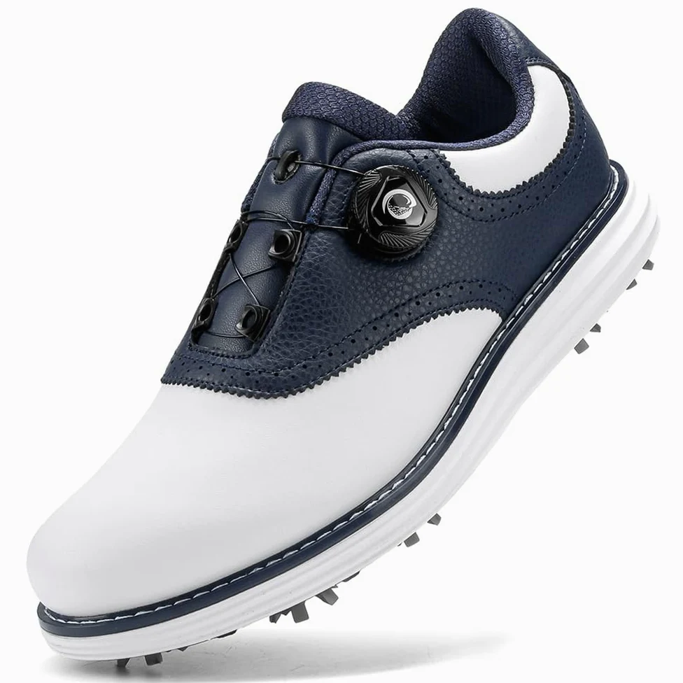 SDEQA Chaussures de Golf en Cuir pour Hommes avec 9 Crampons, Baskets d'extérieur imperméables, Grande Taille