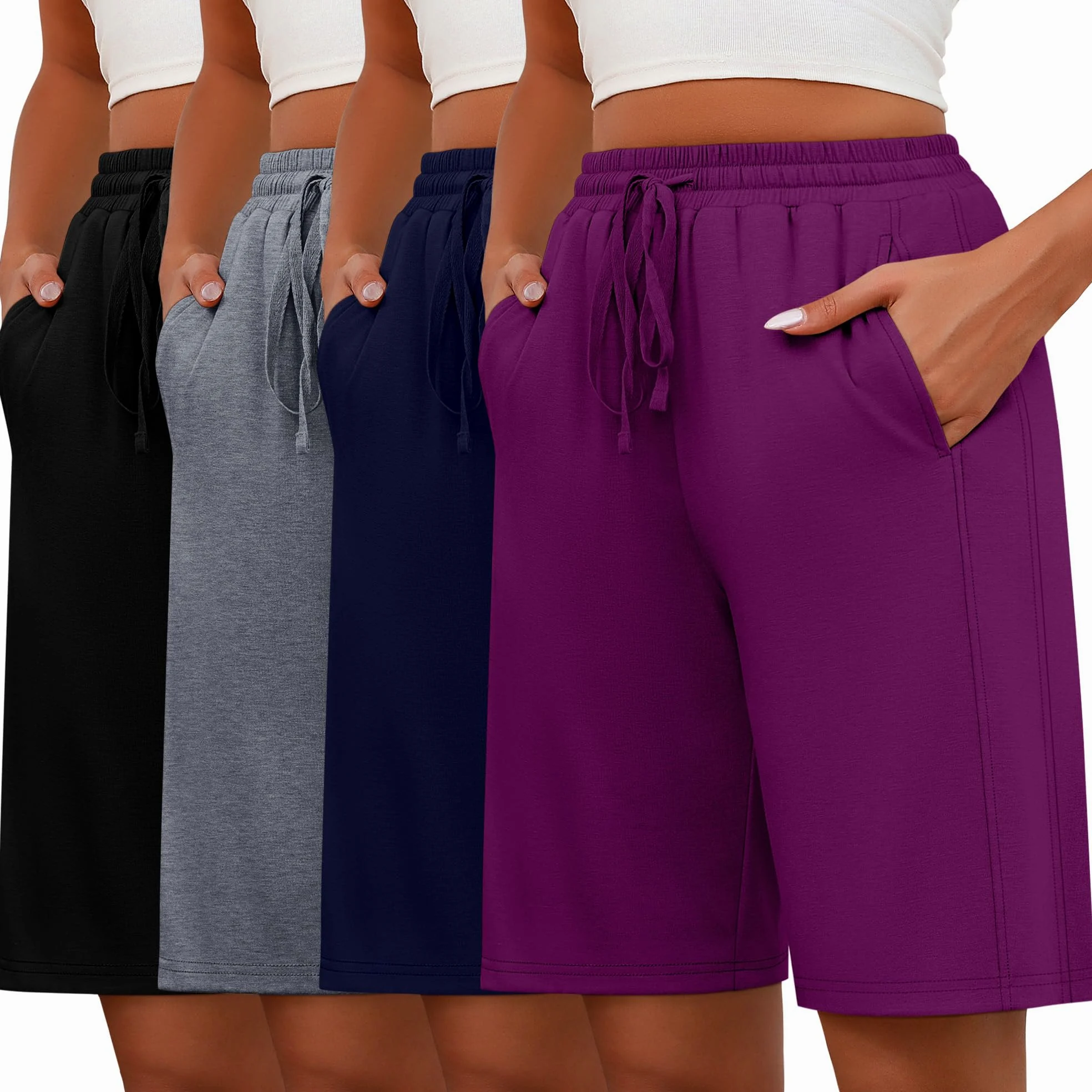 Geyoga Lot de 4 Bermudas pour Femmes, Taille Élastique avec Cordon de Serrage, Jambes Larges et Jambes Longues.