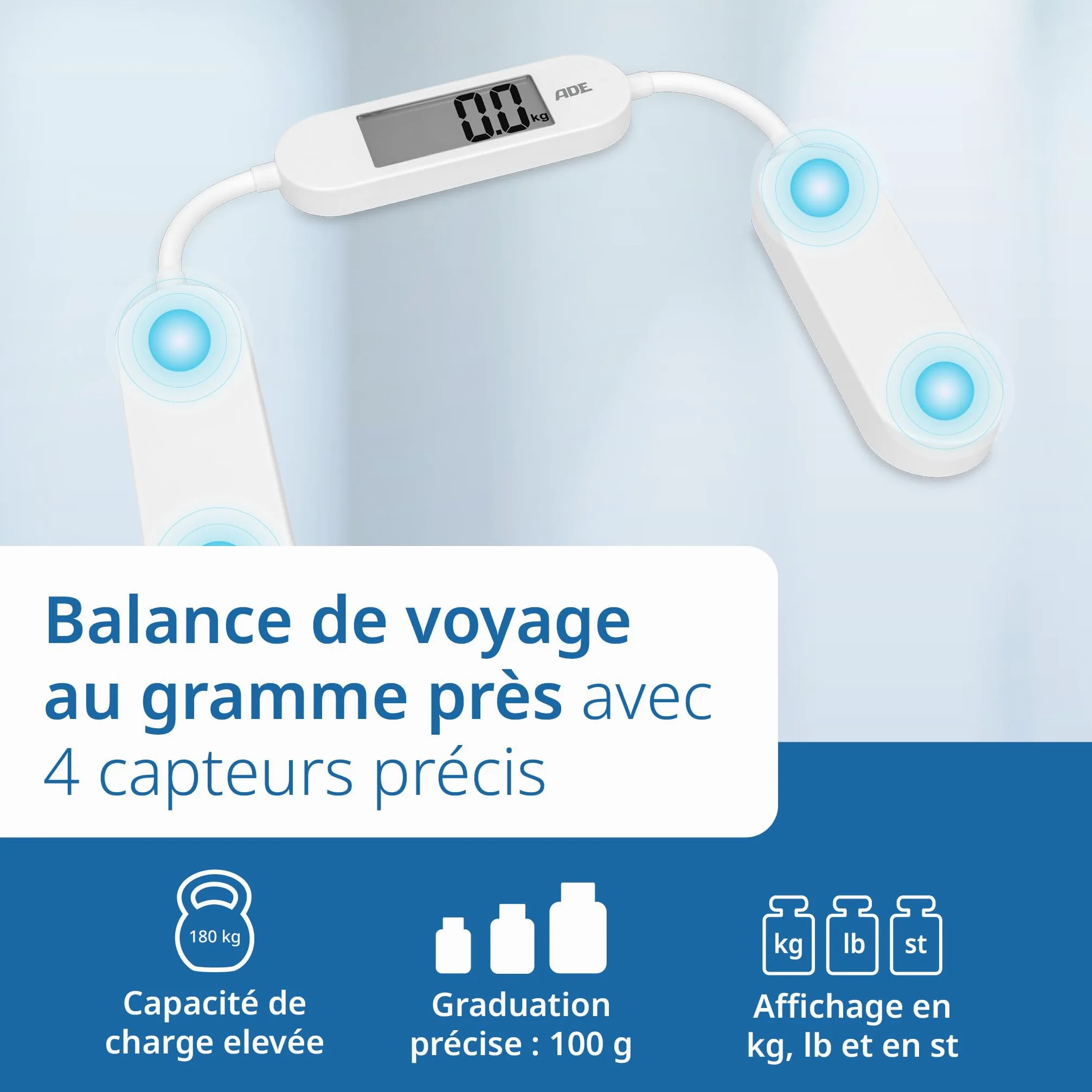 ADE Balance de voyage pliable | pèse-personne numérique avec une capacité de charge de 180 kg par pas de 100 g | balance corporelle précise avec écran LCD