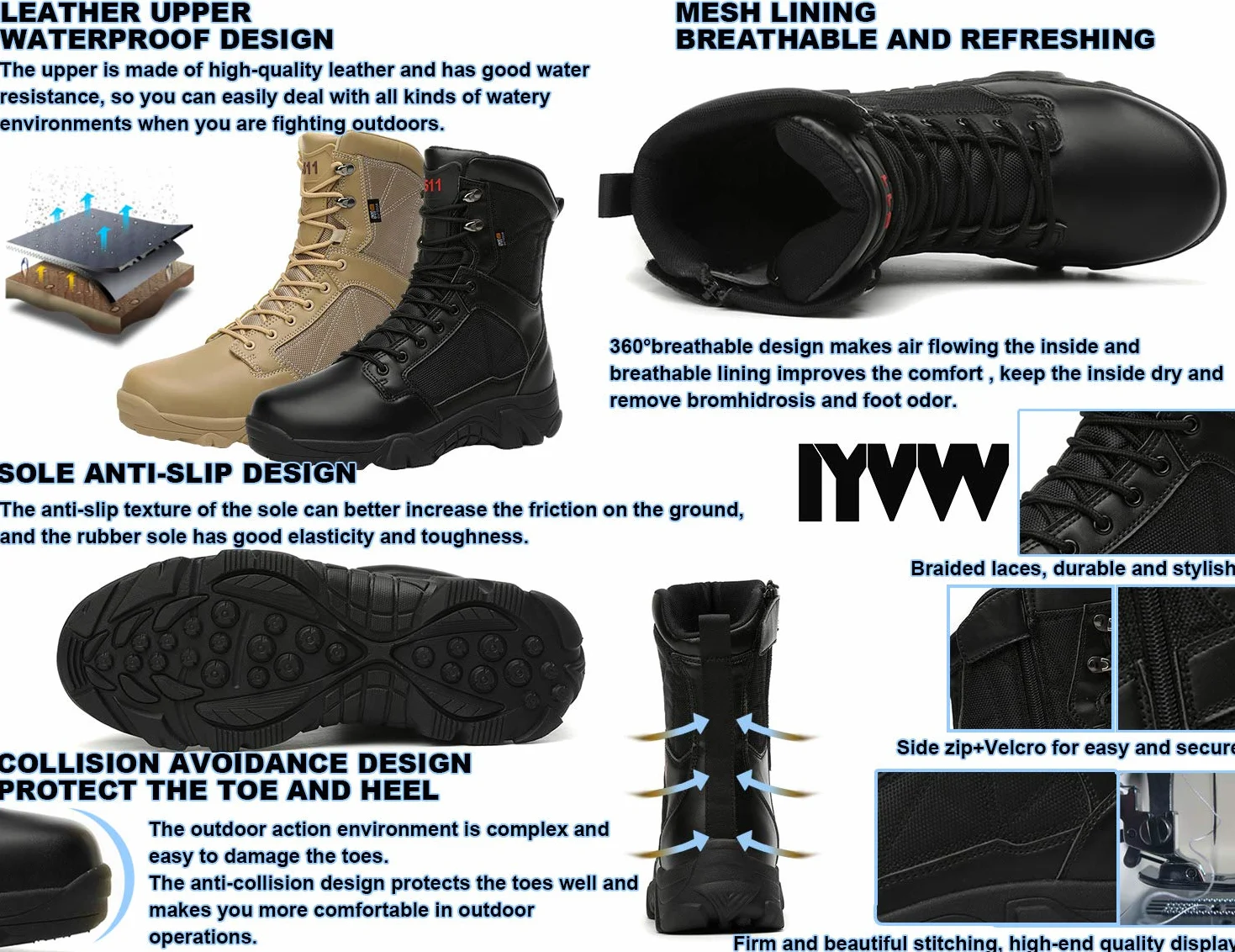 5.AA Hommes Bottes Militaire avec Fermeture Latérale, Bottes Patrouille Combat Tactique Recrues Armée Désert Sécurité Militaire Chaussure