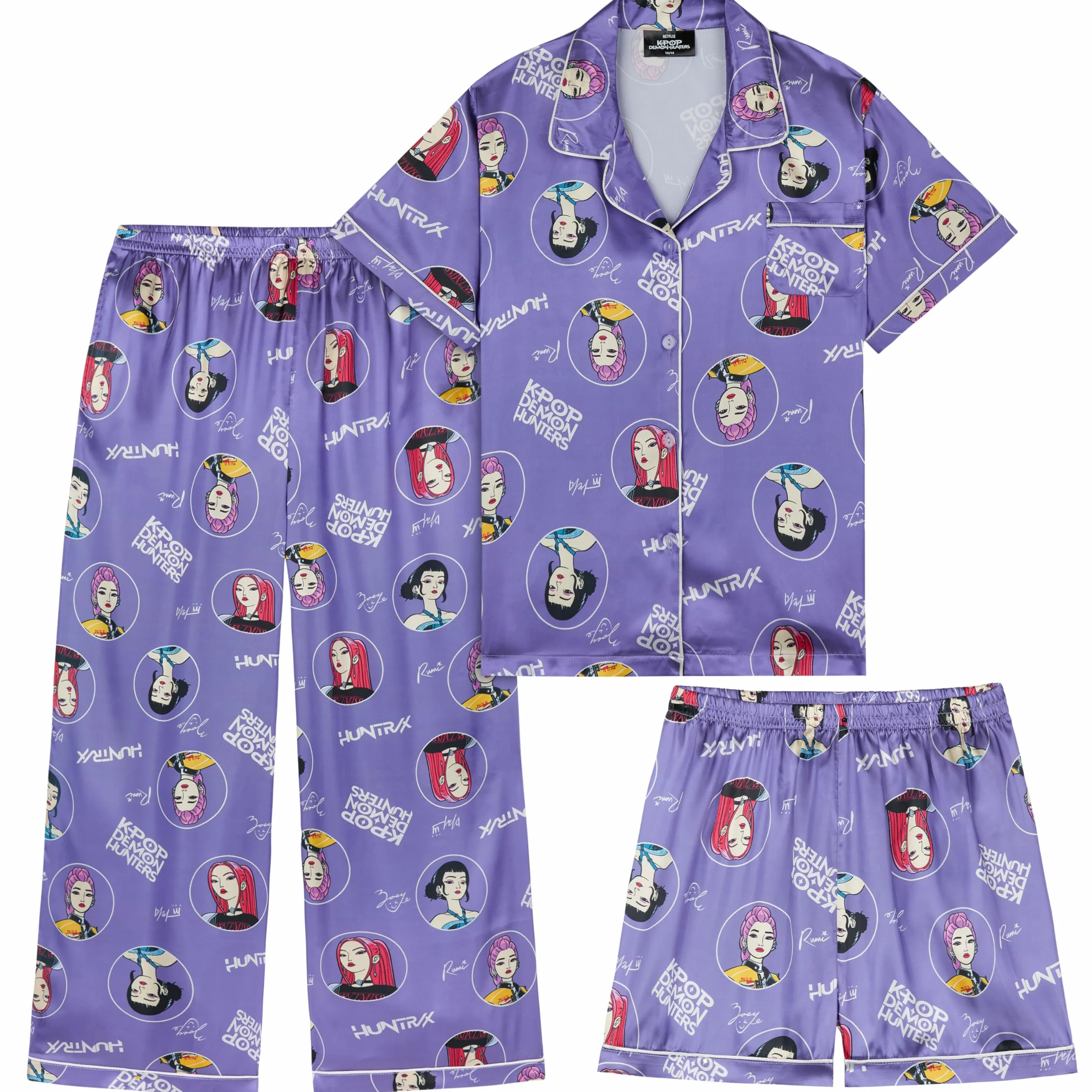 Get Trend Kpop Demon Hunters Huntrix Ensembles de Pyjama Fille 5 à 14 Ans, 3 Pièces Chemise Boutonnée, Pyjama Short et Pantalon, Ete Cadeau Fille
