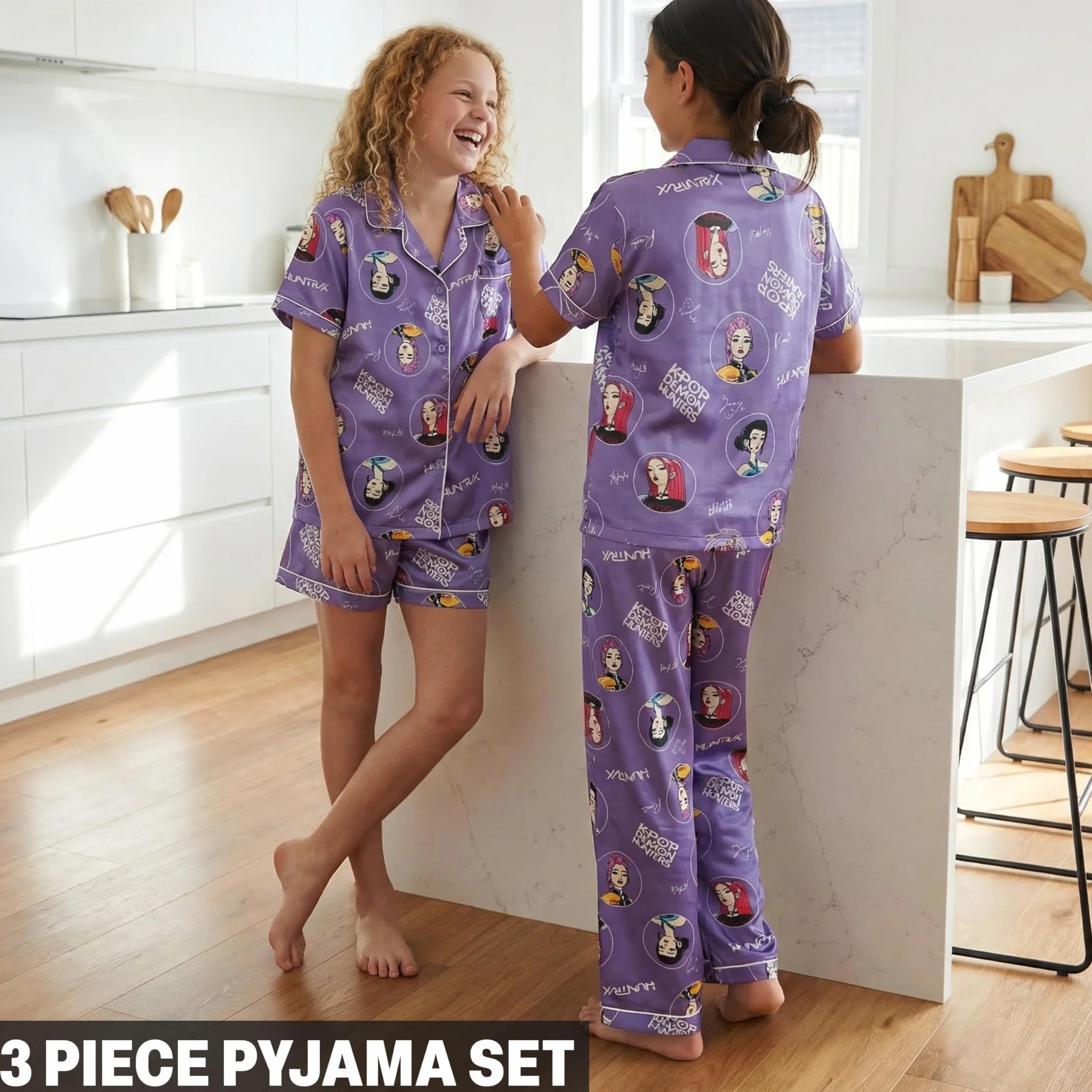 Get Trend Kpop Demon Hunters Huntrix Ensembles de Pyjama Fille 5 à 14 Ans, 3 Pièces Chemise Boutonnée, Pyjama Short et Pantalon, Ete Cadeau Fille