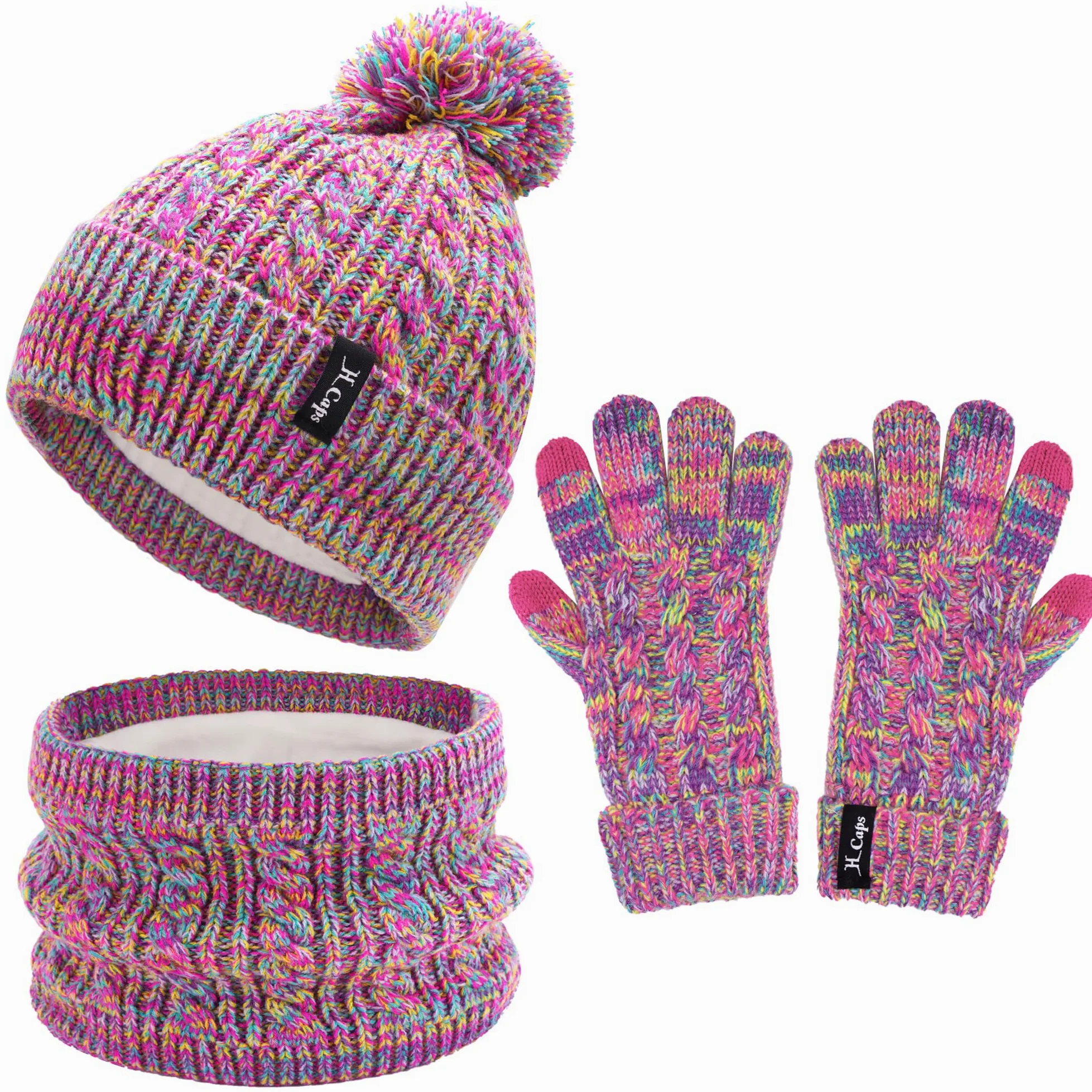 Enfant Fille Garçons Hiver Chapeau Bonnet Echarpe Écran Tactile Gants Set 3-6-12 Ans Tricot Pom Bonnets Casquette Cache Cou Gant Cadeaux pour Filles Garçons