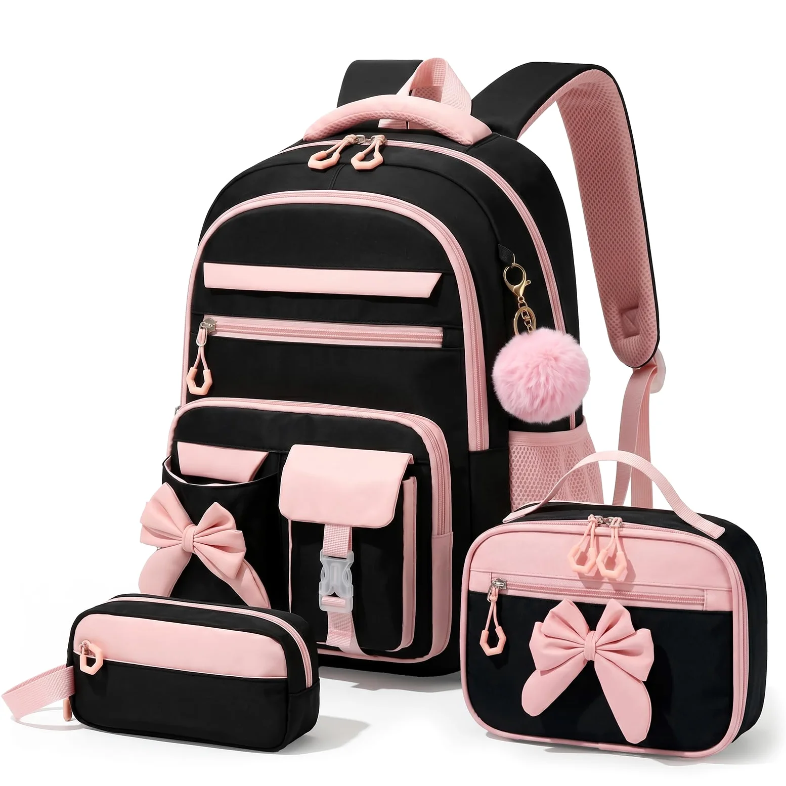 Amythe Sac à Dos Fille Primaire 3 Pièce, Ensemble Cartable Enfant Scolaire avec Sacs à Déjeuner et Trousse Crayon, Sac Ecole pour Fille 8 à 15 ans, Noir