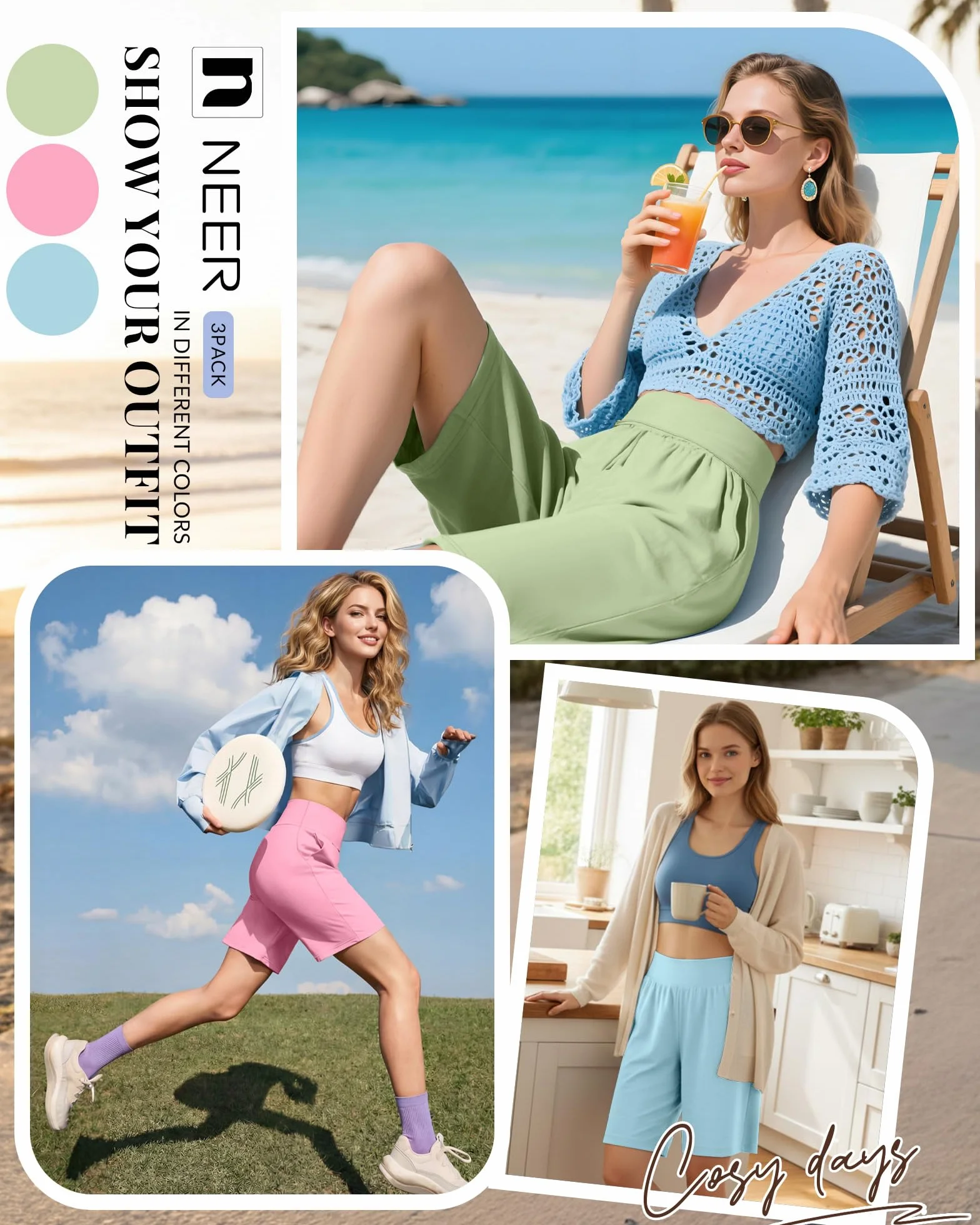 Neer Lot de 3 Bermudas Femme Taille Haute Confortables Extensibles Style Décontracté Longueur Genou Short d'Été à Poches
