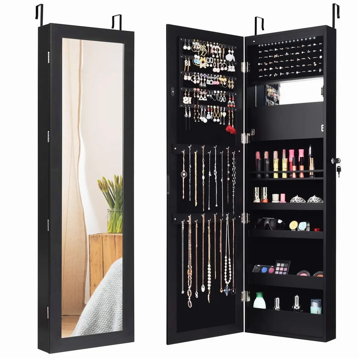 GOPLUS 2 en 1 Armoire à Bijoux avec Miroir, Organisateur de Bijoux Mural avec Lumières LED Automatiques, Armoire de Rangement Cosmétiques Verrouillable pour Chambre, Vestiaire (Noir)