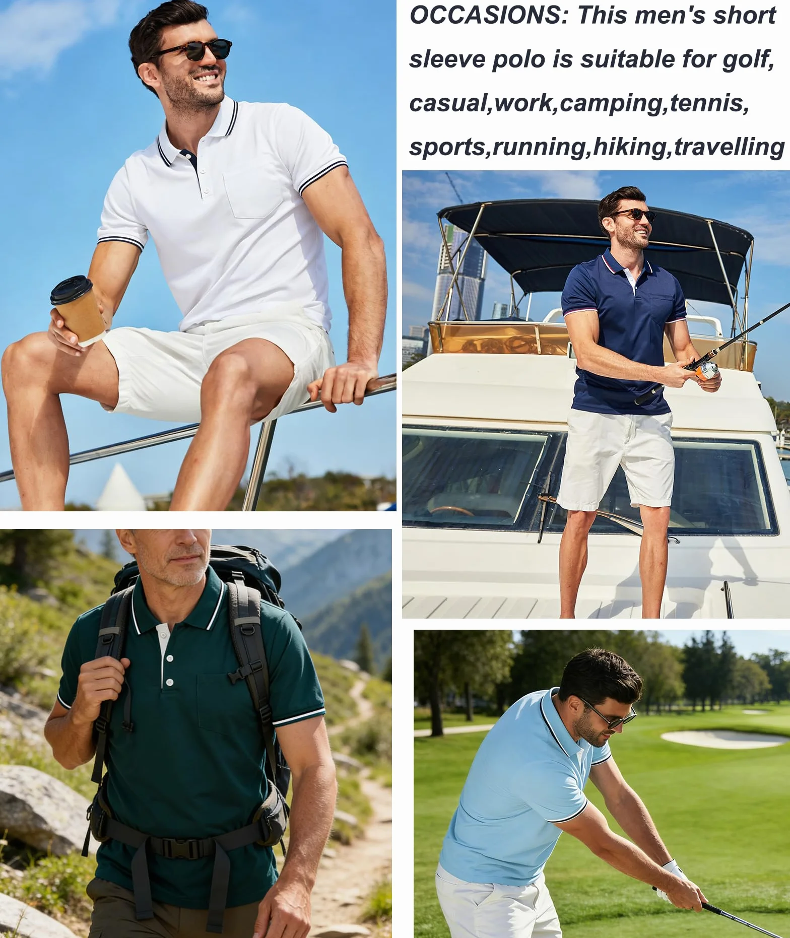 ZITY Lot de 5 Polo pour Homme Polo de Golf Manches Courtes Léger T Shirt pour Les Vacances Travail avec Boutons Printemps été Chemise Respirant