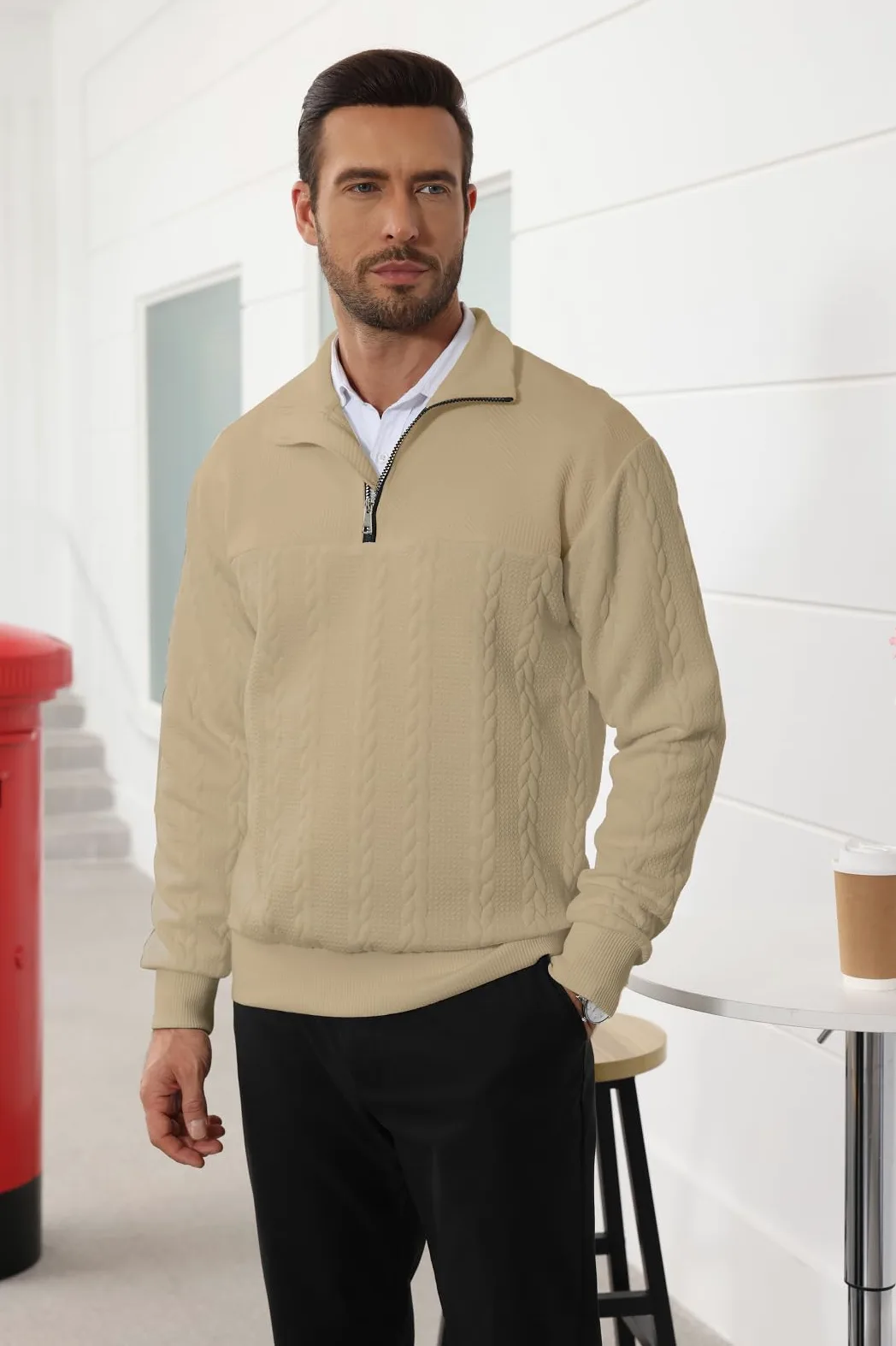 Halfword Pulls Homme Zip Pullover Tricoté Pull à Manches Longues pour Hommes Jacquard Sweatshirts
