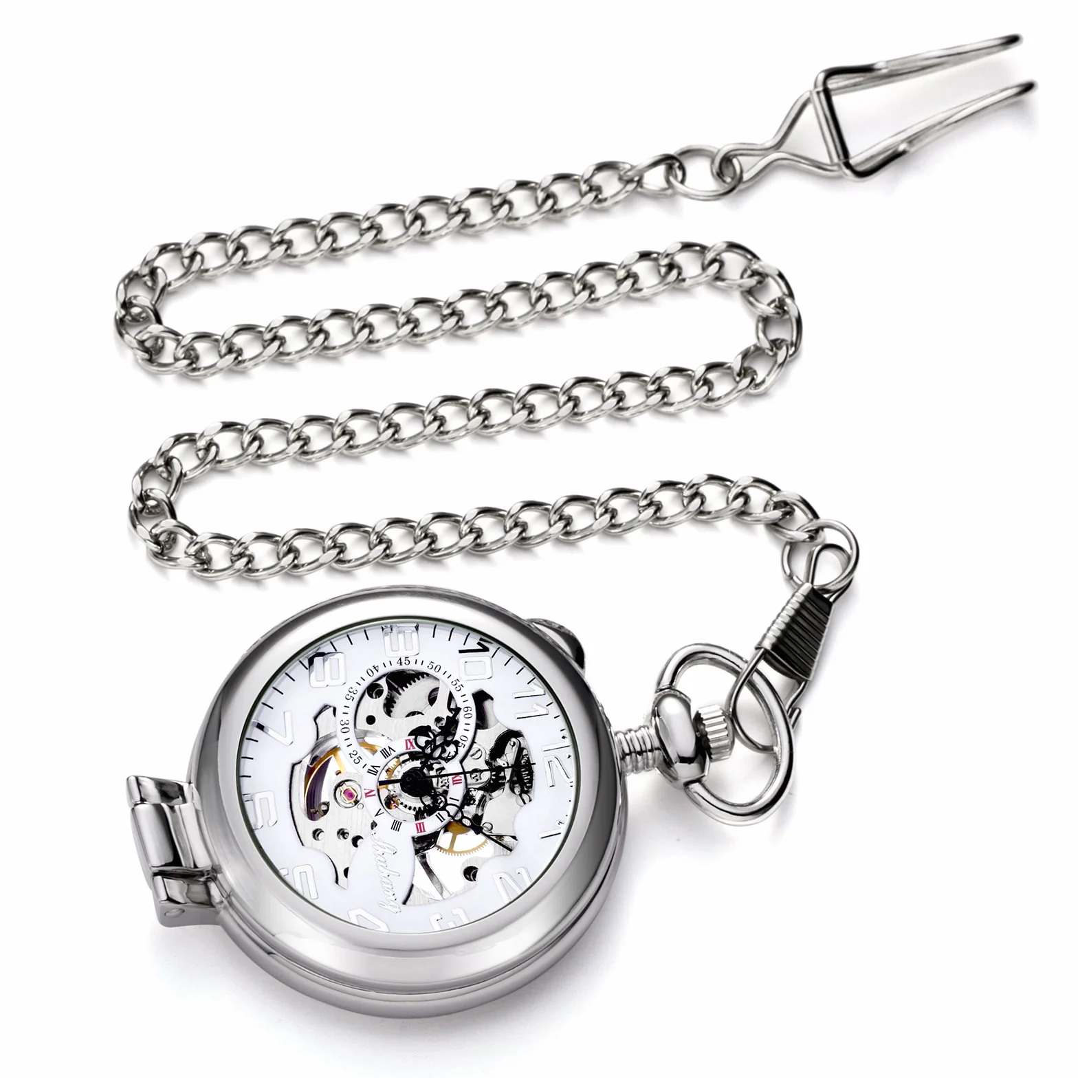 TREEWETO Montre de Poche Mécanique Steampunk pour Homme et Femme, Cadran Squelette Argenté avec Chaîne + Boîte, Argenté, Rétro