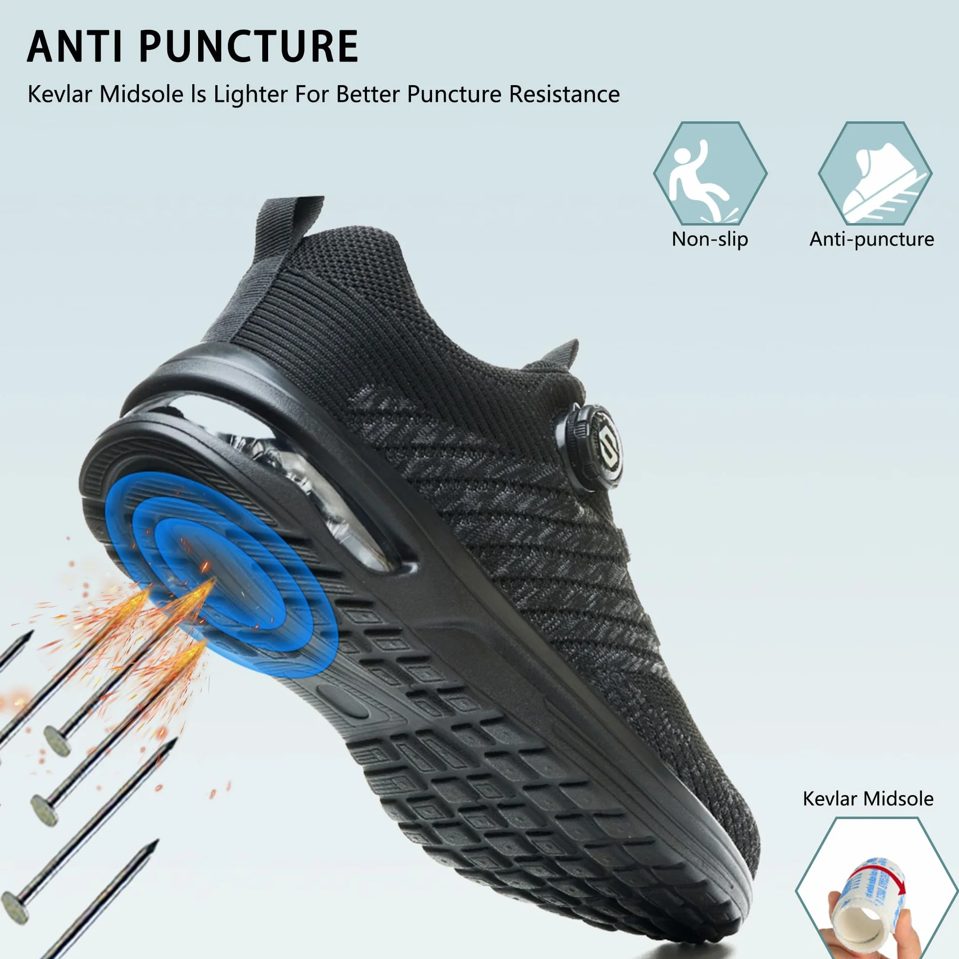 Chaussures de Sécurité Hommes Femme Légère Baskets de Sécurité Respirantes Antidérapante Chaussures de Travail avec Embout en Acier Lacet à Bouton Pivotant