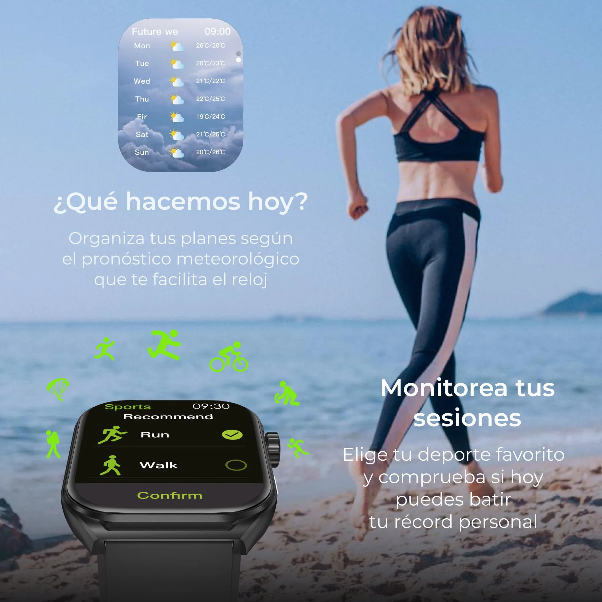 KSIX Smartwatch Urban Move noir, écran AMOLED 2,06", messages, mains libres, assistant vocal, 100+ modes sportifs