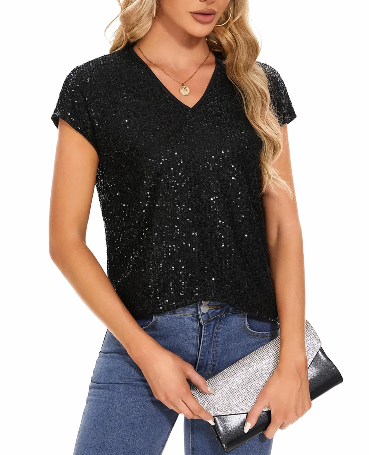 MINTLIMIT Haut pour femme à paillettes et à glissière, manches courtes, col en V, T-shirt, blouse, manches à capuchon, décontracté, fête, festival, club, b-noir, S