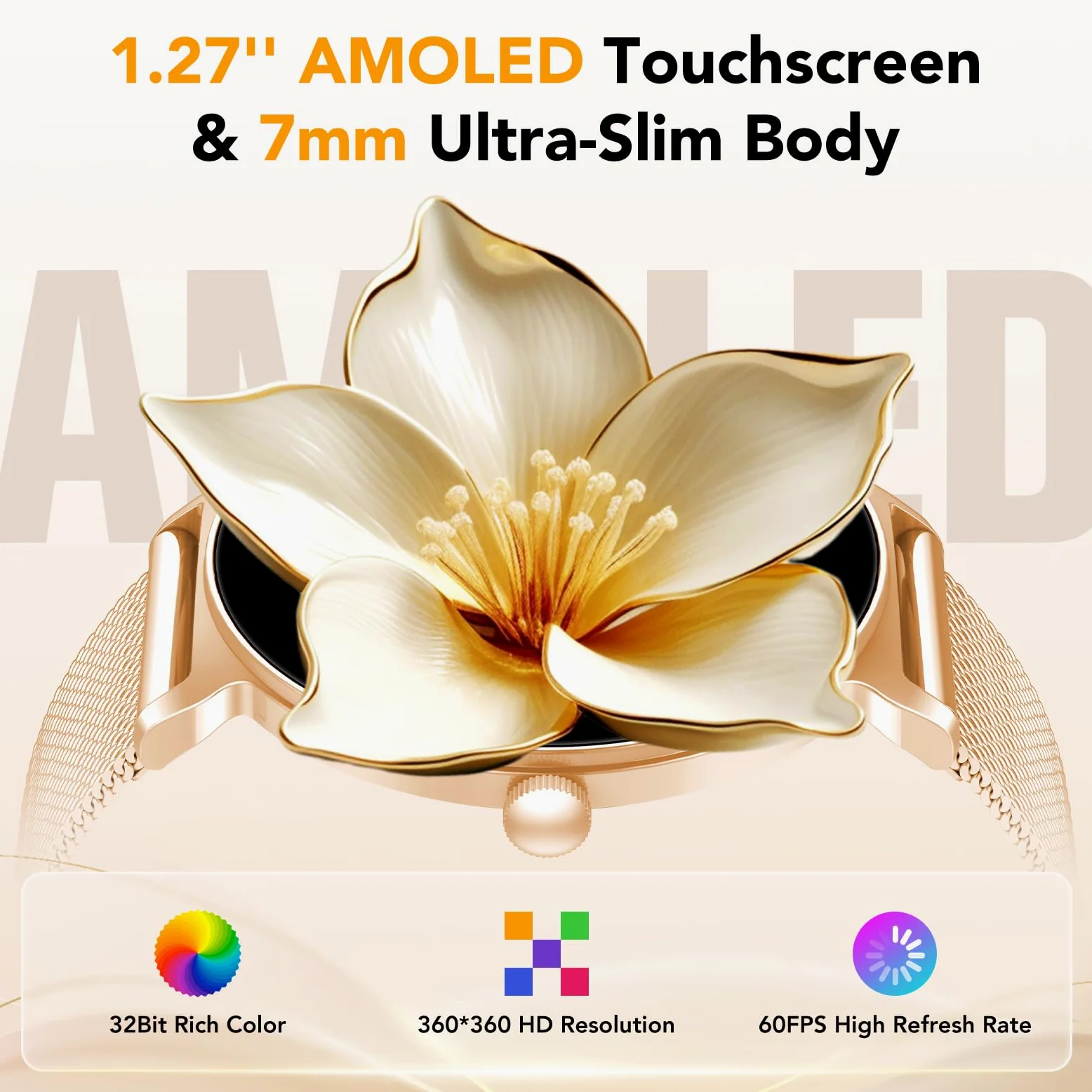 Montre Connectée Femme AMOLED 1,27 pouces HD, Smartwatch Bluetooth 5.4, Montre Intelligente Femme, 120+ Modes Sport, 200+ Cadrans, Suivi Santé 24 h (Sommeil, FC, SpO2), Compatible Android iOS, Or Rose