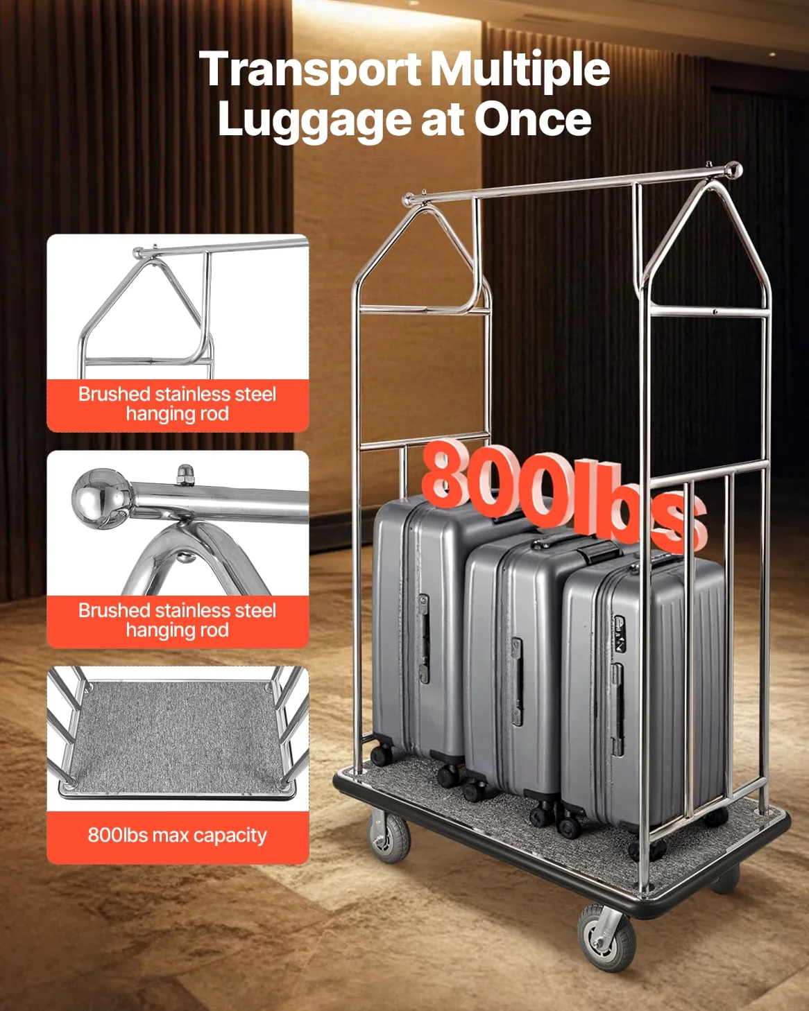 VEVOR Chariot à Bagages Hôtel, 362 kg, Chariot à Plate-Forme de Concierge, Finition INOX Brossé, avec Moquette Grise, Roues Caoutchouc 15,24 cm, Porte-Bagages pour Hôtels, Condos, Complexes Hôteliers
