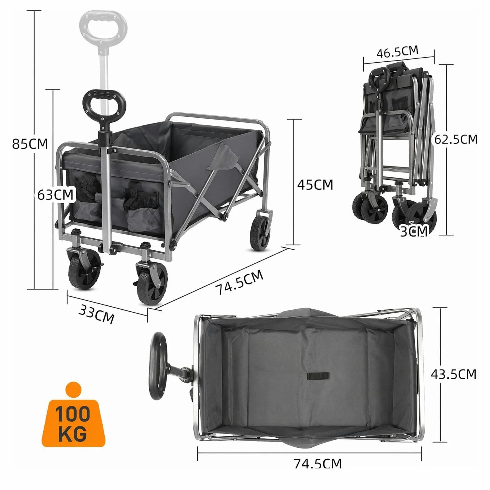 Chariot Pliable à Roulette - Chariot de Plage, Roues Tout-Terrain, poignée réglable, Taille compacte(74x45x84 cm) - avec Jusqu’à 100kg - Idéal pour Camping, Plage, Jardinage, Gris