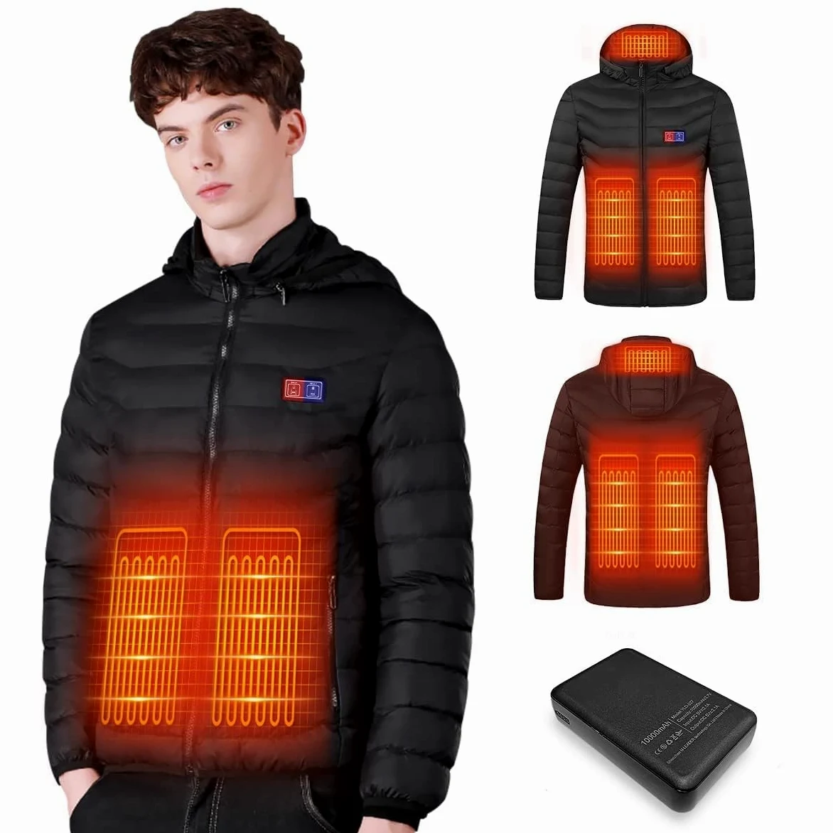 Veste Chauffante Homme et Femme - Blouson Chauffant USB Électrique avec Batterie 10000mAh, 5 Zones Chauffantes & 3 Niveaux de Température - Manteau Doudoune à Capuche pour Hiver et Moto
