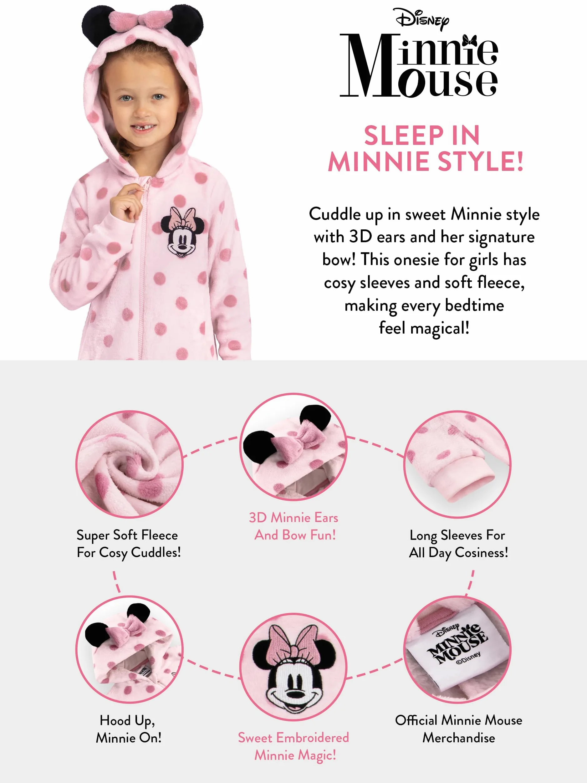 Disney Surpyjama, Surpyjama Fille Minnie Mouse, Pyjama Enfant Fille avec Oreilles 3D Et Nœud, Pyjama Combinaison Enfant en Polaire