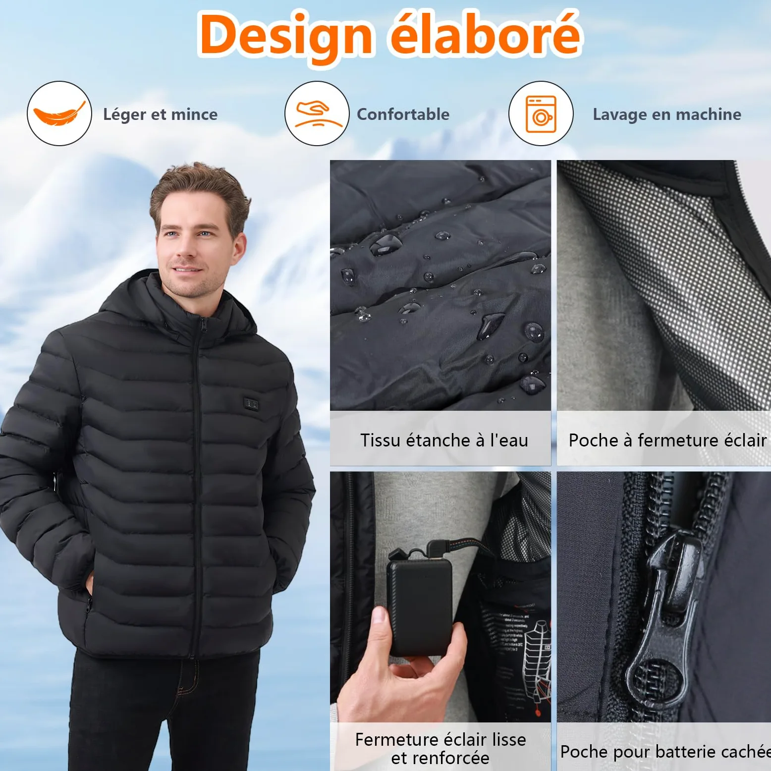 Veste Chauffante Homme et Femme - Blouson Chauffant USB Électrique avec Batterie 10000mAh, 5 Zones Chauffantes & 3 Niveaux de Température - Manteau Doudoune à Capuche pour Hiver et Moto